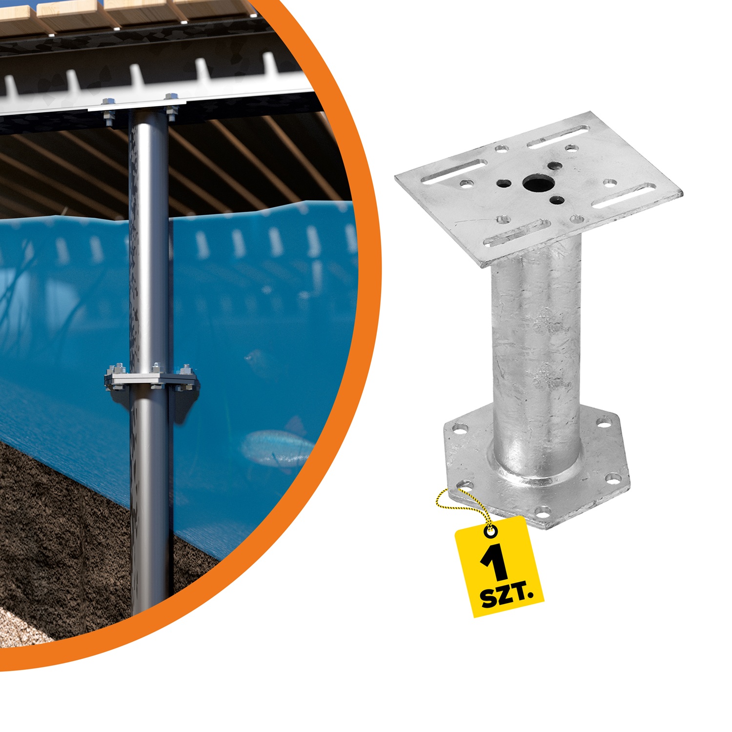 Verlängerung für PWM/PWF Bodenhülse sechseckiger Flansch - PWC | 300 mm Basisverlängerung PWM/PWF, sechseckiger PWC-Flansch, 300 mm, S235-Baustahl, silber, Produktfoto.