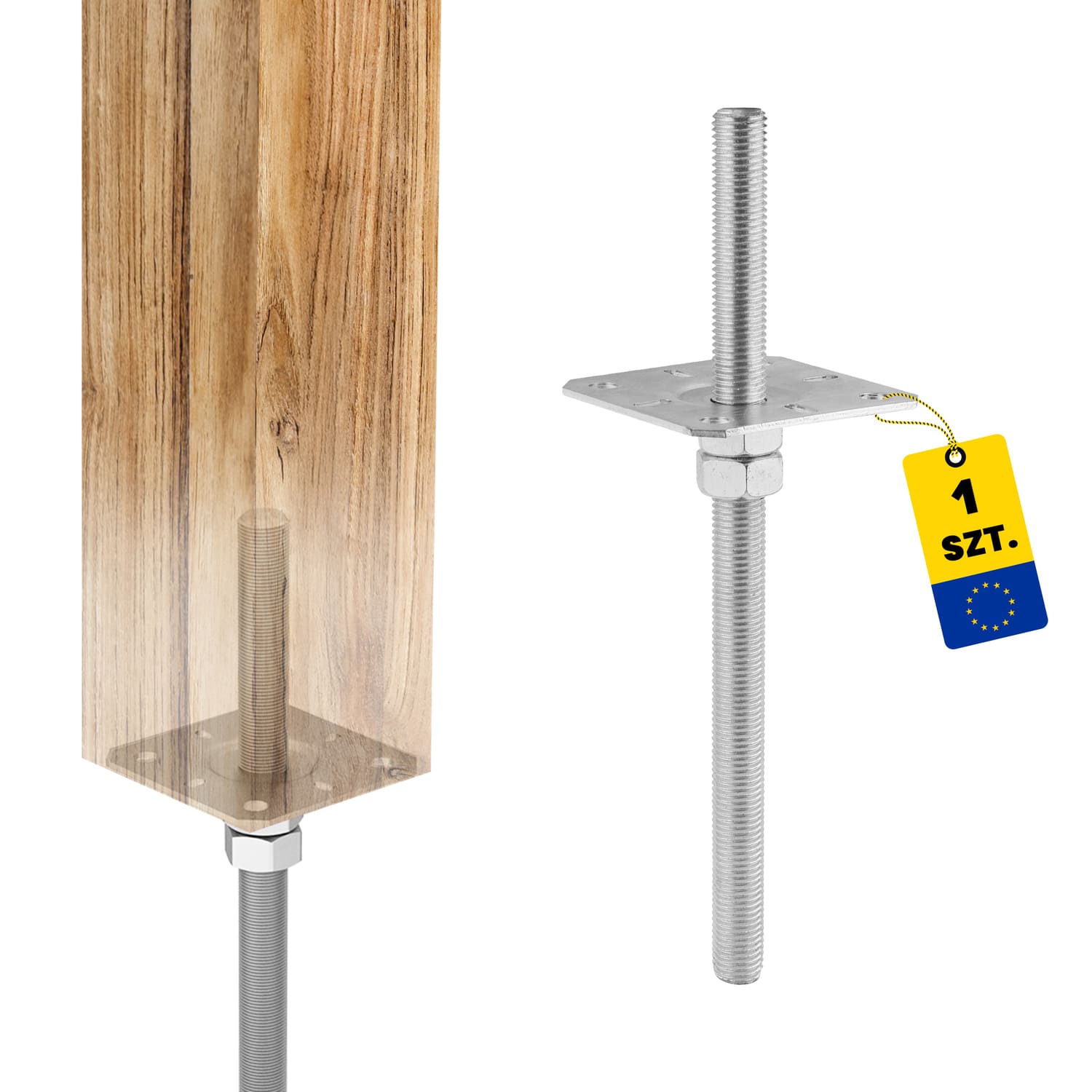 Flacher Pfostenträger zum Aufdübeln höhenverstellbar mit Gewinde Pfostenanker Stützen Betonanker - PPSR | 100-120 mm | verzinkt Mastfuß, flach, verstellbar, Betongewindeanker, PPSR, 100–120 mm.