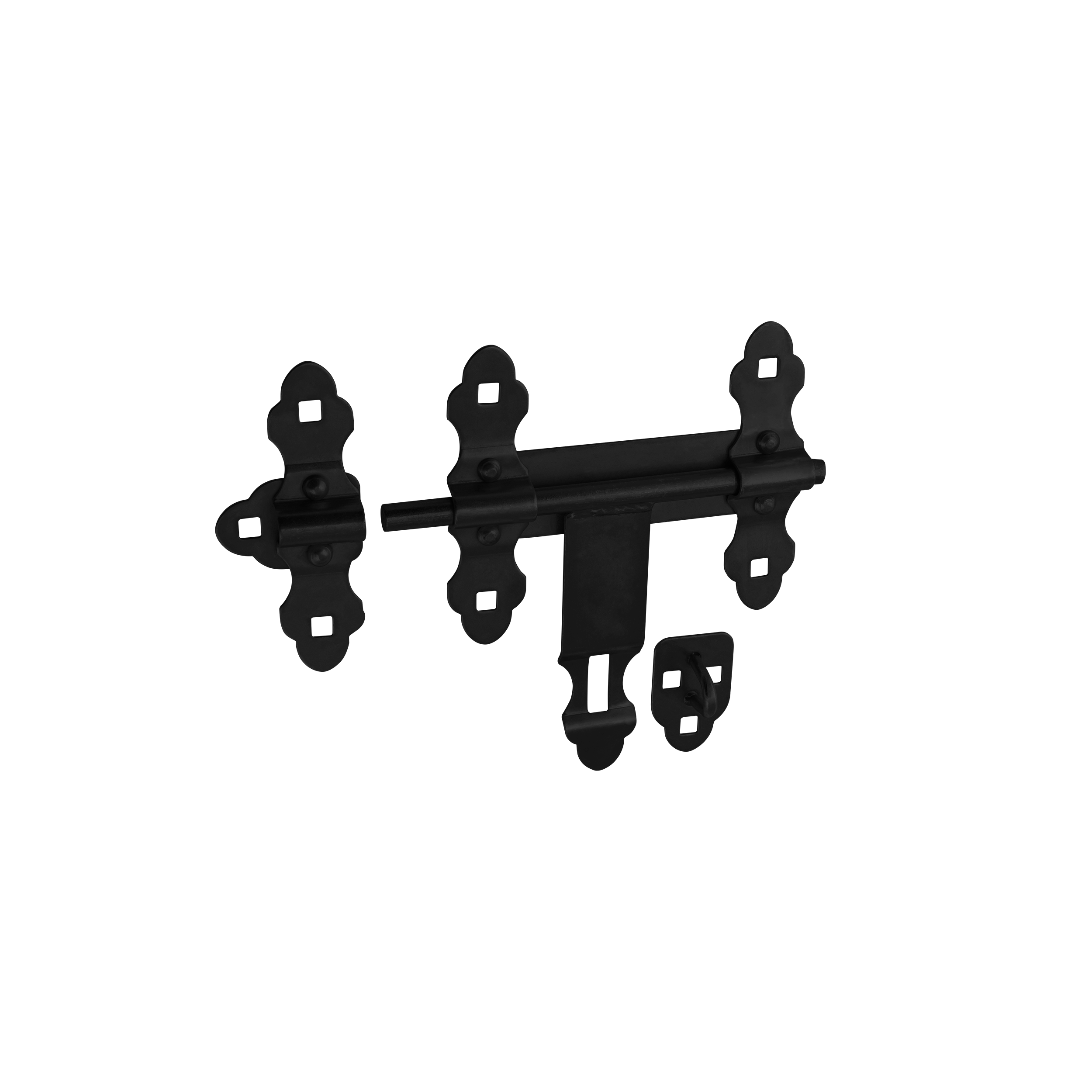 Schwerer dekorativer Torriegel mit flachem Riegel für Tor und Gartentor - WCZ | schwarz | 200 mm Schwerer Zierriegel mit Flachriegel für WCZ-Schlupftor, schwarz, 200 mm, 200x200x2,5 mm, Baustahl S235.