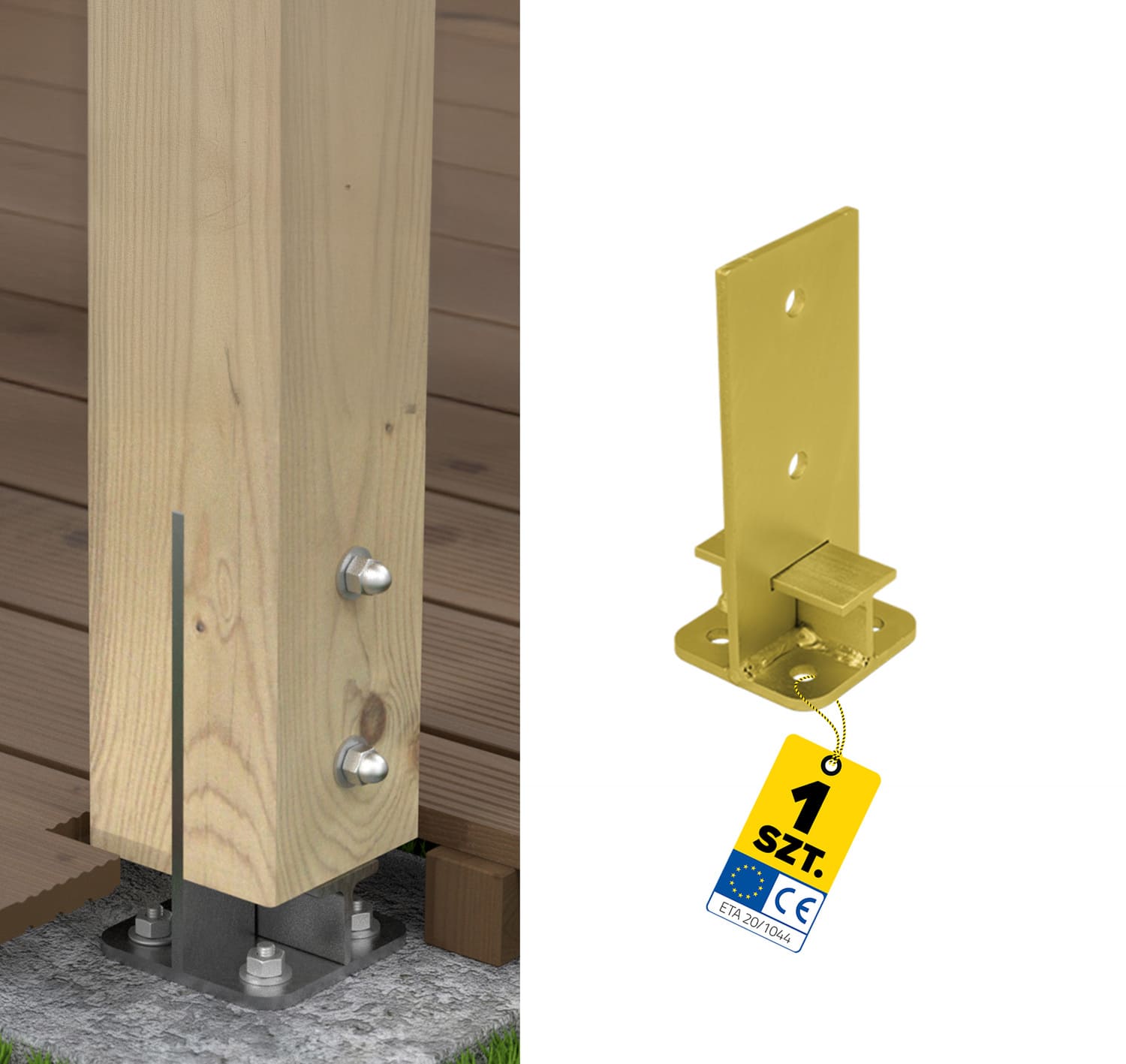 Pfostenträger zum aufdübeln Typ T Stützenfuss schwerlast - PUW | 120 mm | Gold Säulenfußanker zum Verschrauben mit Beton, Typ T, versenkt, stark, PUW, 120 mm, gold.