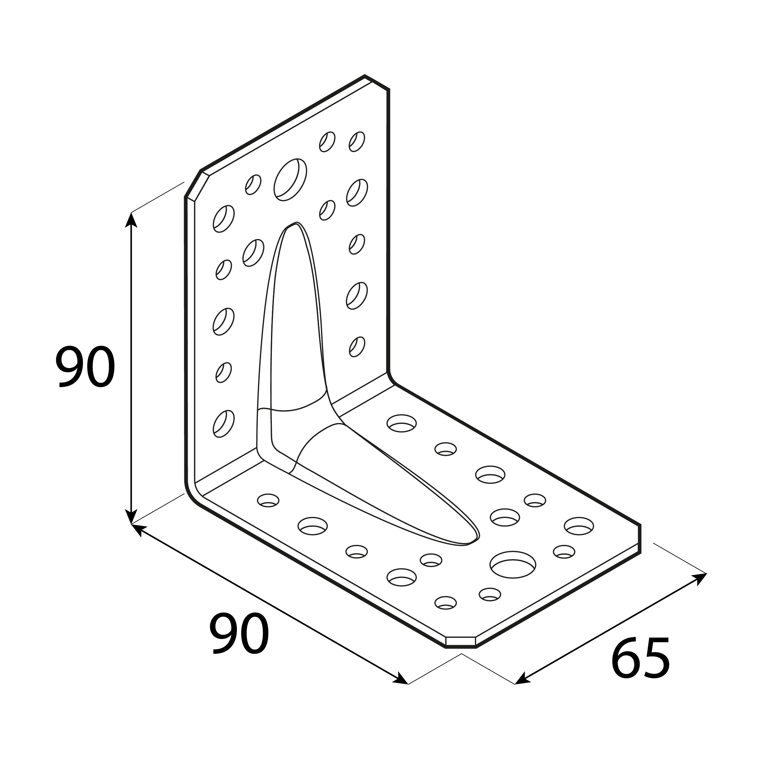 Kątownik ciesielski wzmocniony z przetłoczeniem - KPL 1 | 90x90x65 mm | 2 mm