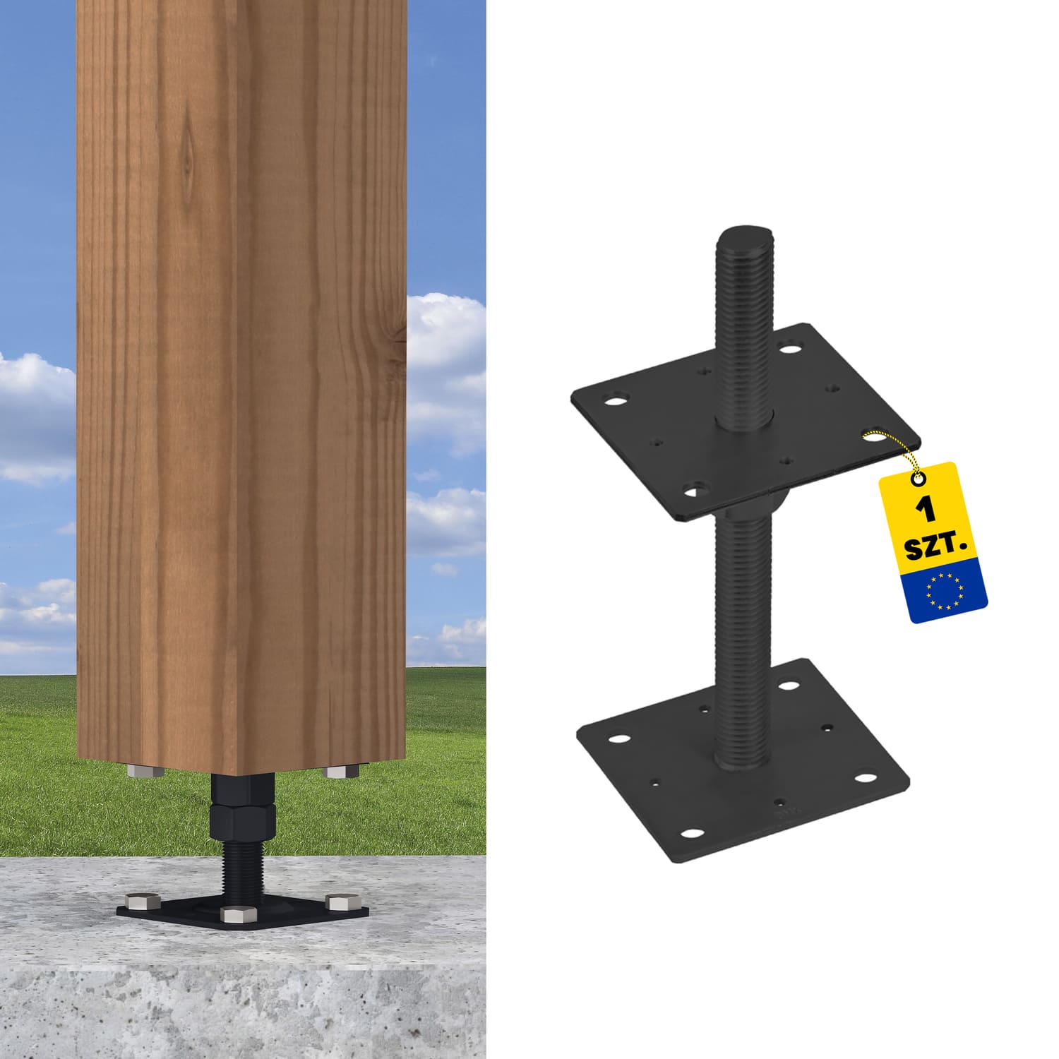 Pfostenträger verstellbar zum aufdübeln Anker mit Gewinde M20 - PSR |100x250 mm | Schwarz Mastfuß-Flachgewindeanker, höhenverstellbar PSR, 100x250 mm, M20, schwarz, Produktfoto.