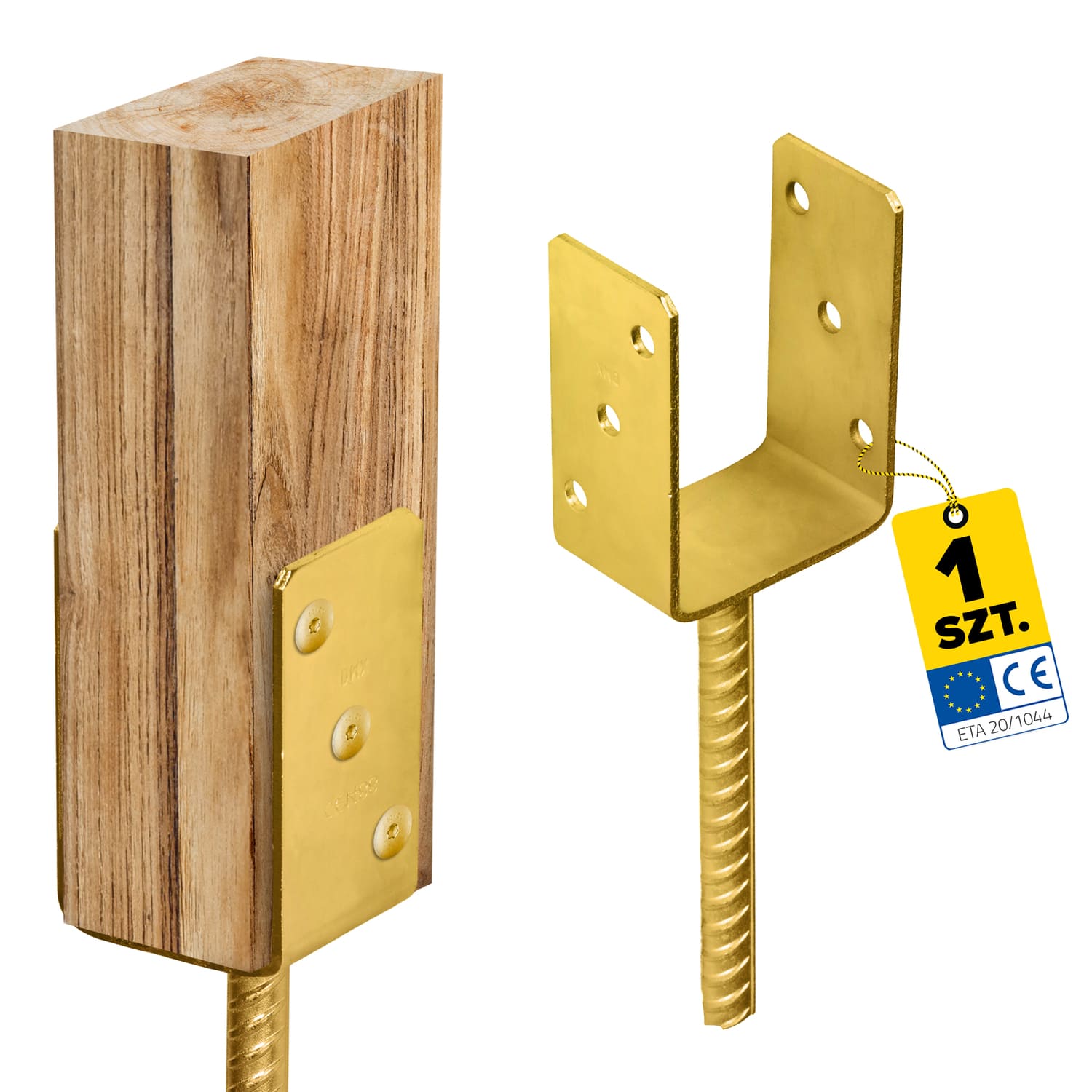 U Pfostenträger zum Einbetonieren Pfostenanker Stützen Betonanker - PS | 90 mm | Gold Säulenfuß-Betonanker Typ U PS, 90 mm, gold.