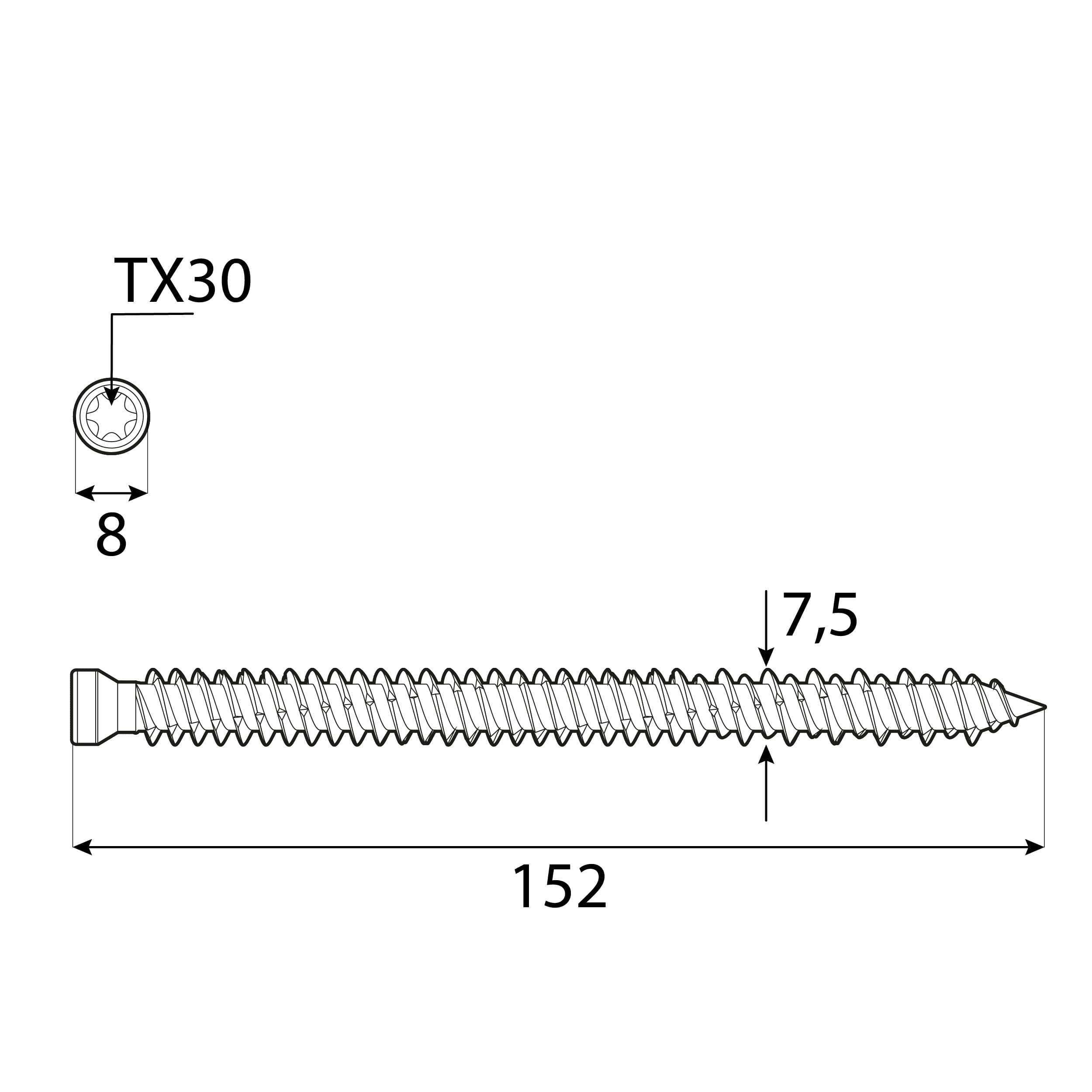 Rahmenschrauben Zylinderkopf TORX Vollgewinde - CBW | 7,5 x 152 mm | verzinkt | 100 Stk. TORX CBW-Flachkopf-TĂŒrrahmenschrauben, 7,5 x 152 mm, Silber, 100 Stk., gehĂ€rteter Kohlenstoffstahl.
