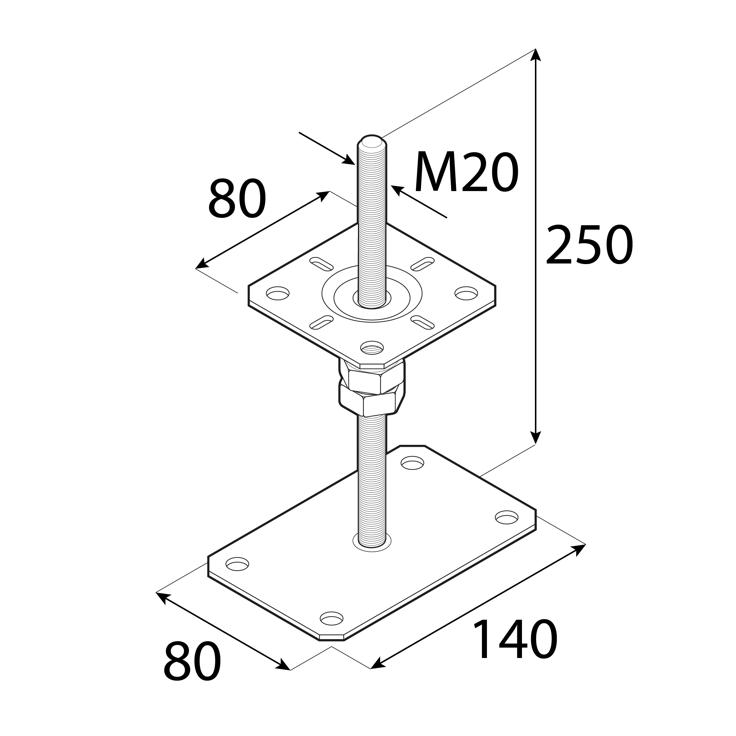 Pfostenträger verstellbar zum aufdübeln Anker mit Gewinde M20 - PSRP | 80x80 mm | 80x140 mm | verzinkt Flacher Mastfuß, höhenverstellbar, geschraubtes PSRP, 80x80 mm, 80x140 mm, M20, Silber 2, Winkel 1.