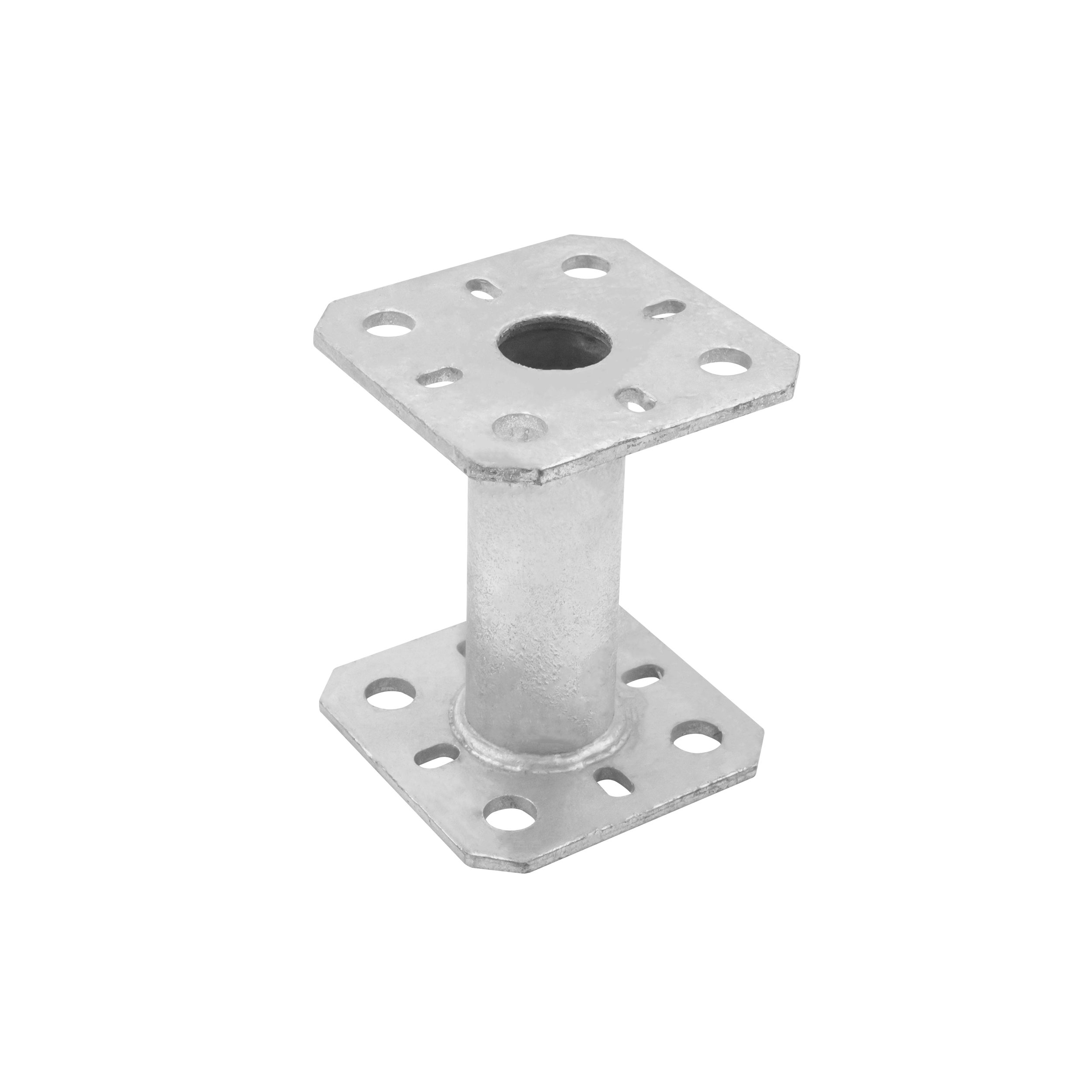 Pfostenträger flach Konsole mit Rohr - PMF | 80x80 mm | 100 mm | feuerverzinkt Mastfußanker-Flachhalterung mit PMF-Rohr, 80x80 mm, 100 mm, silber, 80x80x100x4,0 mm.