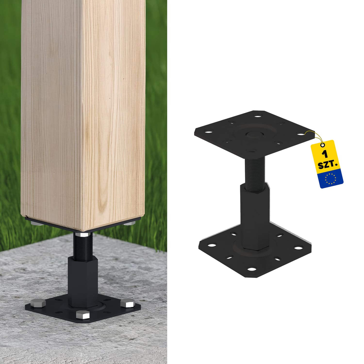 Pfostenträger höhenverstellbar 100 bis 150 mm zum aufdübeln Anker mit Gewinde M20 - PR |100x130 mm | Schwarz Mastfuß Flachgewindeanker höhenverstellbar PR, 100x130x100-150 mm, schwarz.