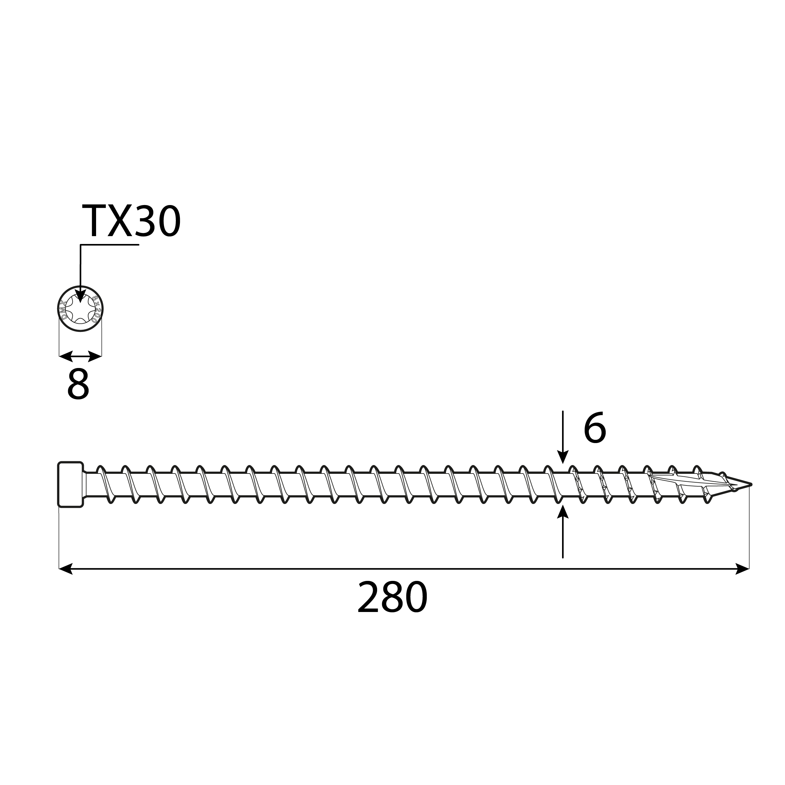 Wkręty z pełnym gwintem konstrukcyjne z łbem walcowym TORX - CPW | 6 x 280 mm | Srebrny | 100 szt