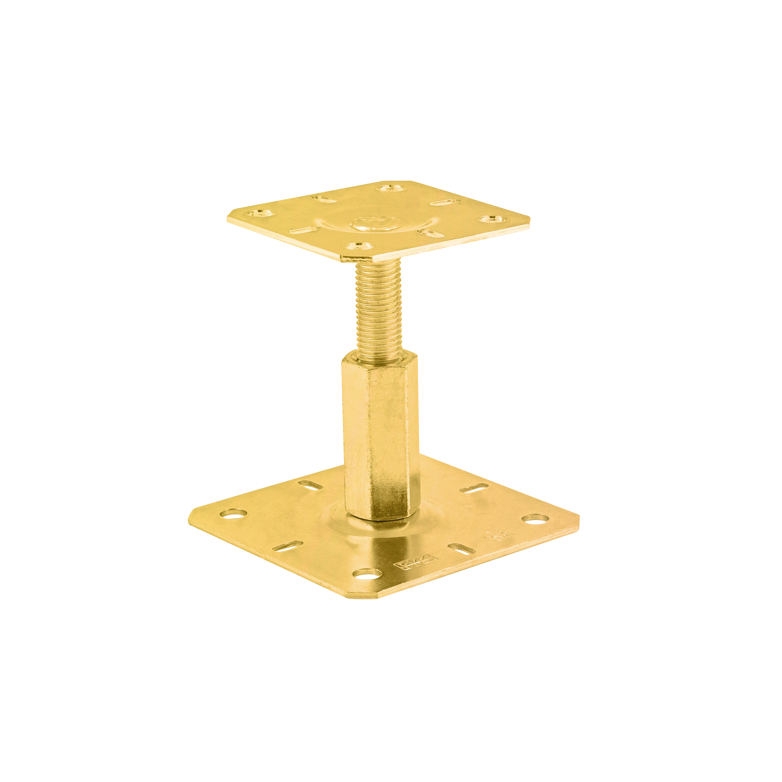 Pfostenträger höhenverstellbar 100 bis 150 mm zum aufdübeln Anker mit Gewinde M20 - PR |100x130 mm | Gold Stangenfuß, flacher Gewindeanker, höhenverstellbar, PR, 100 x 130 x 100–150 mm, Gold, 150 x 3,0 mm.