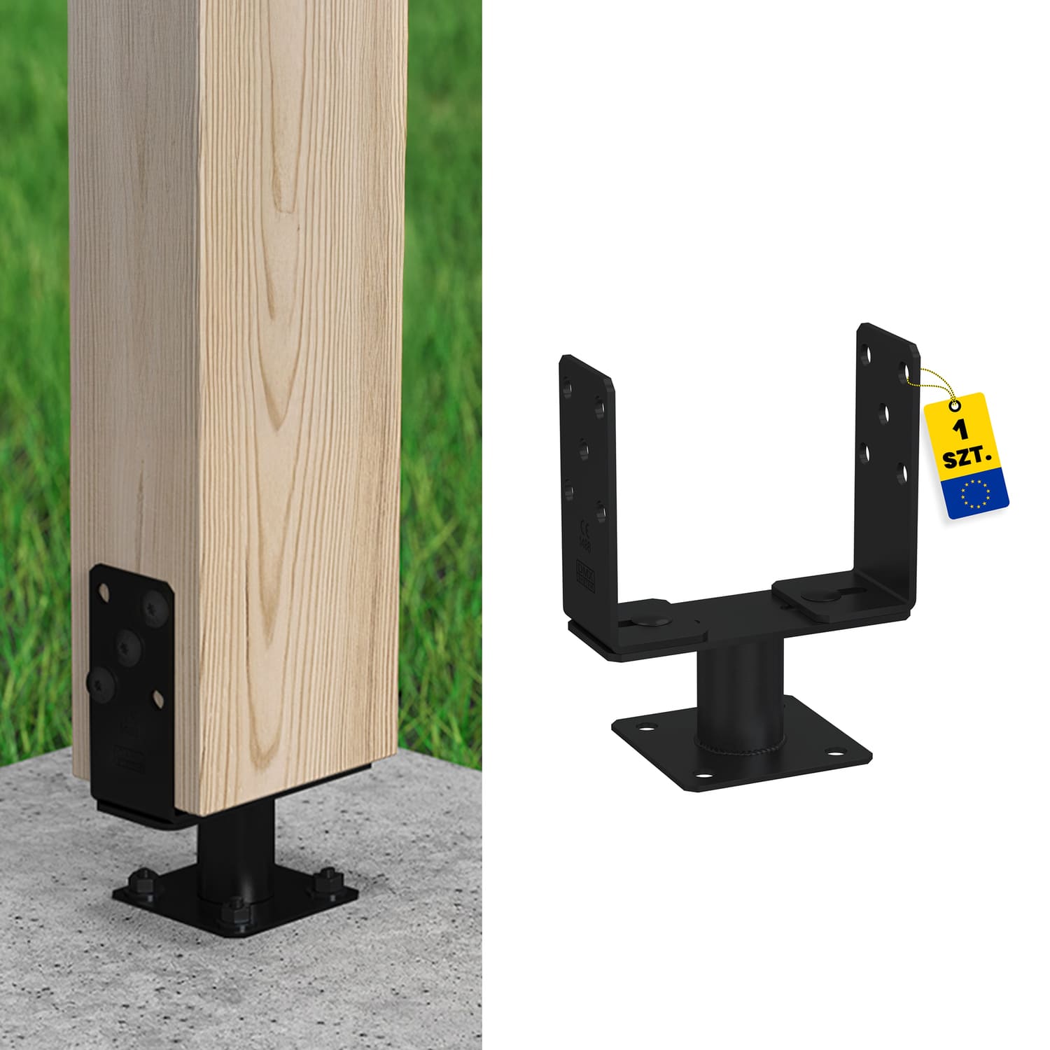 Pfostenträger zum aufdübeln U-Form verstellbar - PSRT | 60-200 mm | Schwarz Säulenfuß, U-Typ-Anker, verstellbare Breite, verschraubt auf PSRT, 60-200 mm, schwarz, Produktfoto.