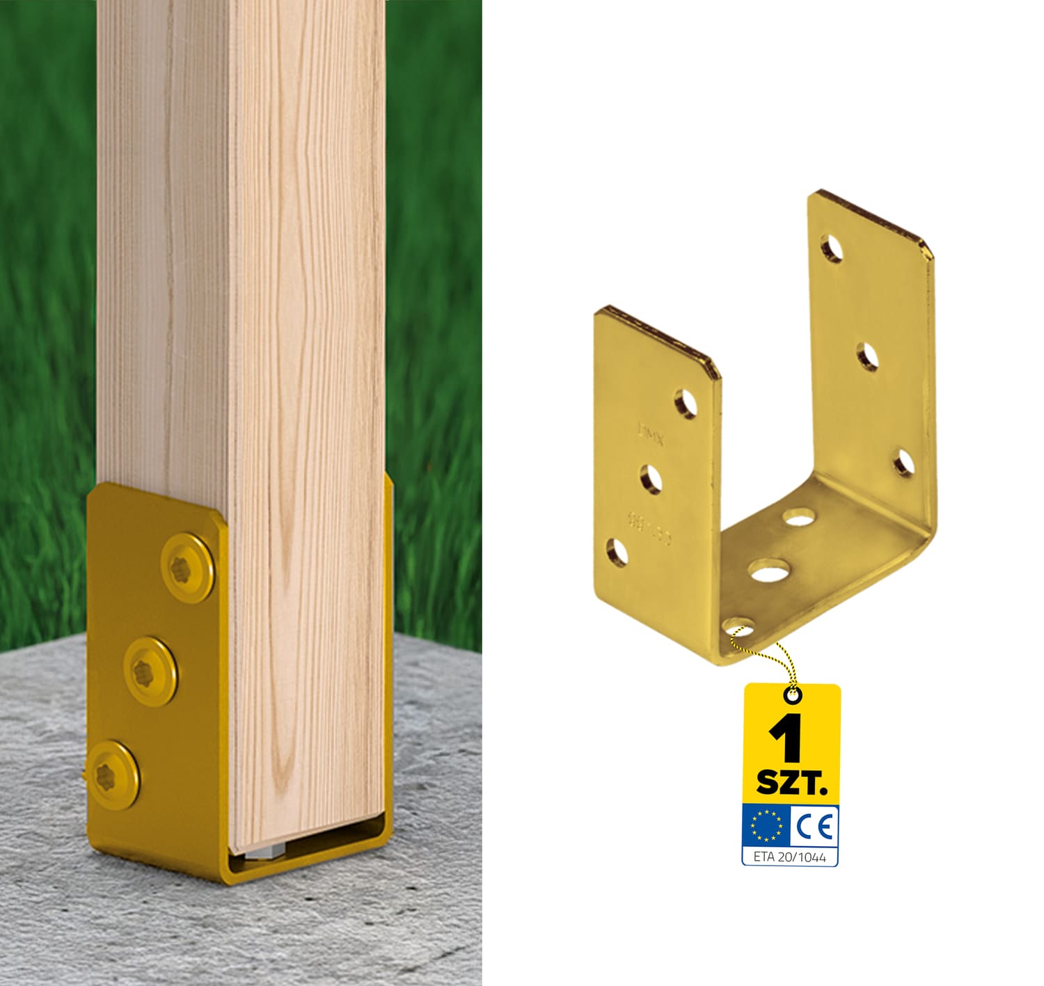 Podstawa słupa kotwa przykręcana do betonu typ U uniwersalna - PSO | 100 mm | Złoty Podstawa słupa kotwa przykręcana do betonu typ U uniwersalna - PSO | 100 mm | Złoty