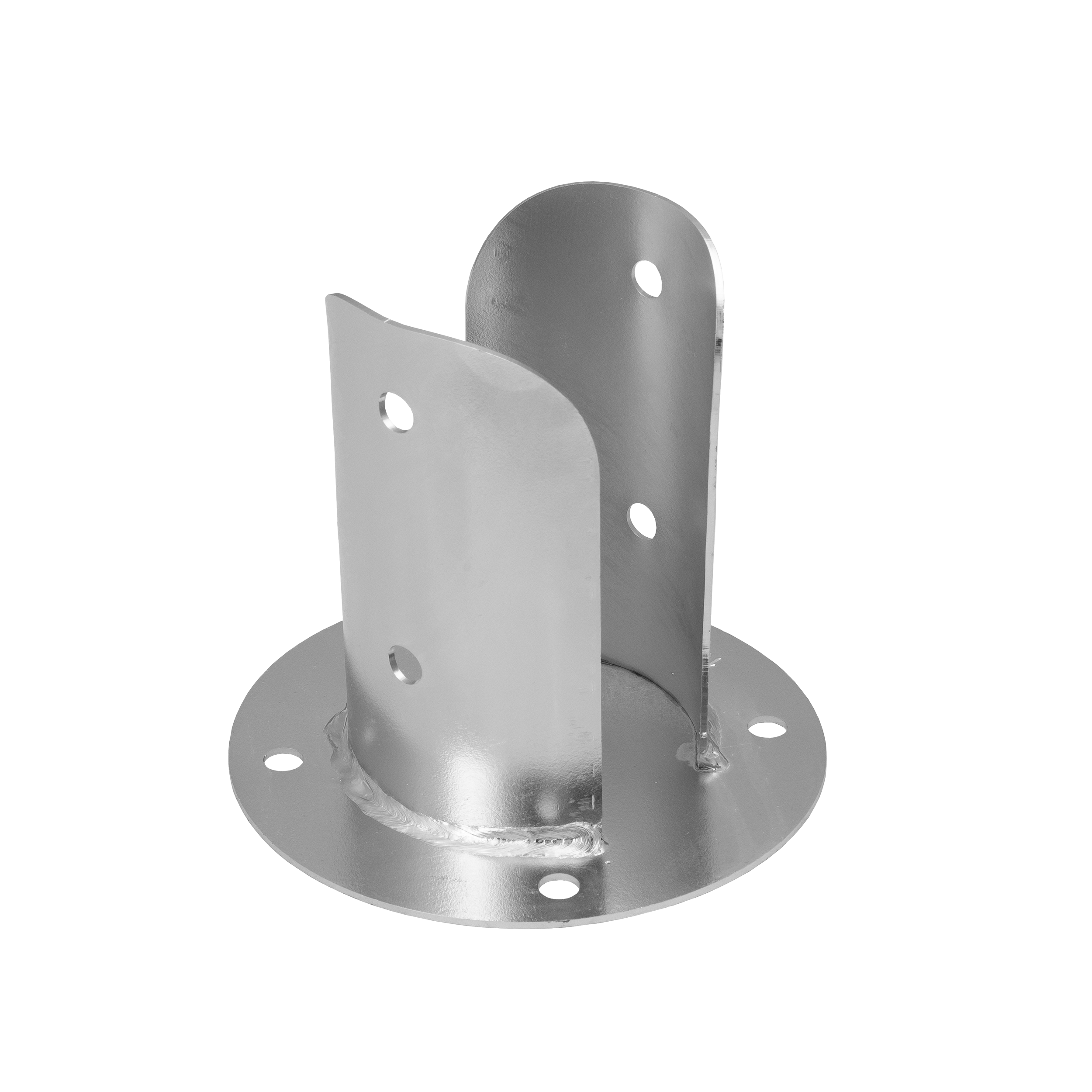 Pfostenträger Stützenfuß rund geteilt mit runder Grundplatte - PSPOD | 90 mm | verzinkt Säulenfuß Rundanker geteilt mit PSPOD Rundfuß, 90 mm, silber, 91x150x2,0 mm.