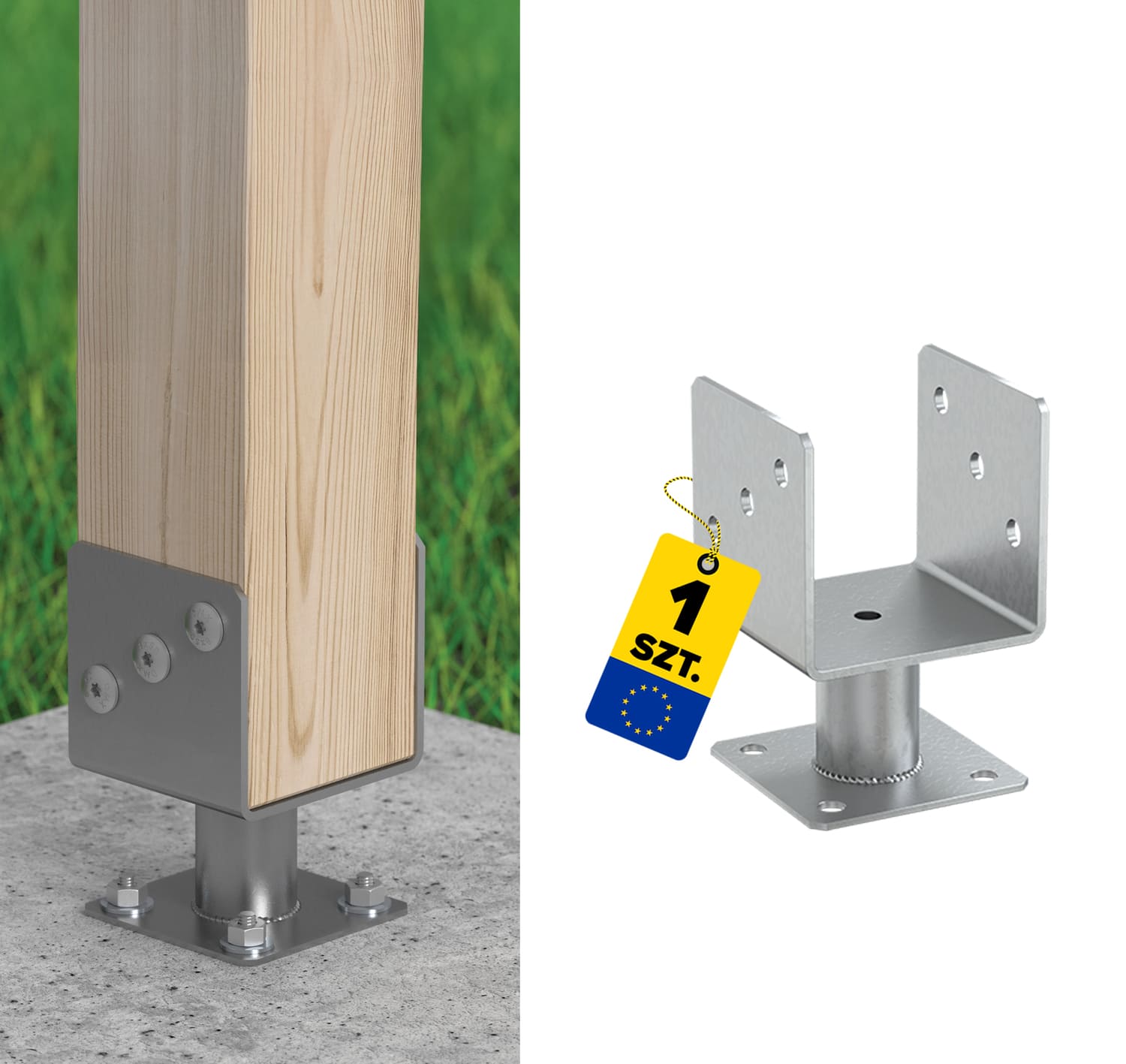 Pfostenträger zum aufdübeln U-Form mit Rohr - PMFU | 100 mm | 163 mm | verzinkt Säulenfuß-U-Anschraubanker mit PMFU-Rohr, 100 mm, 163 mm, silber, Produktfoto.