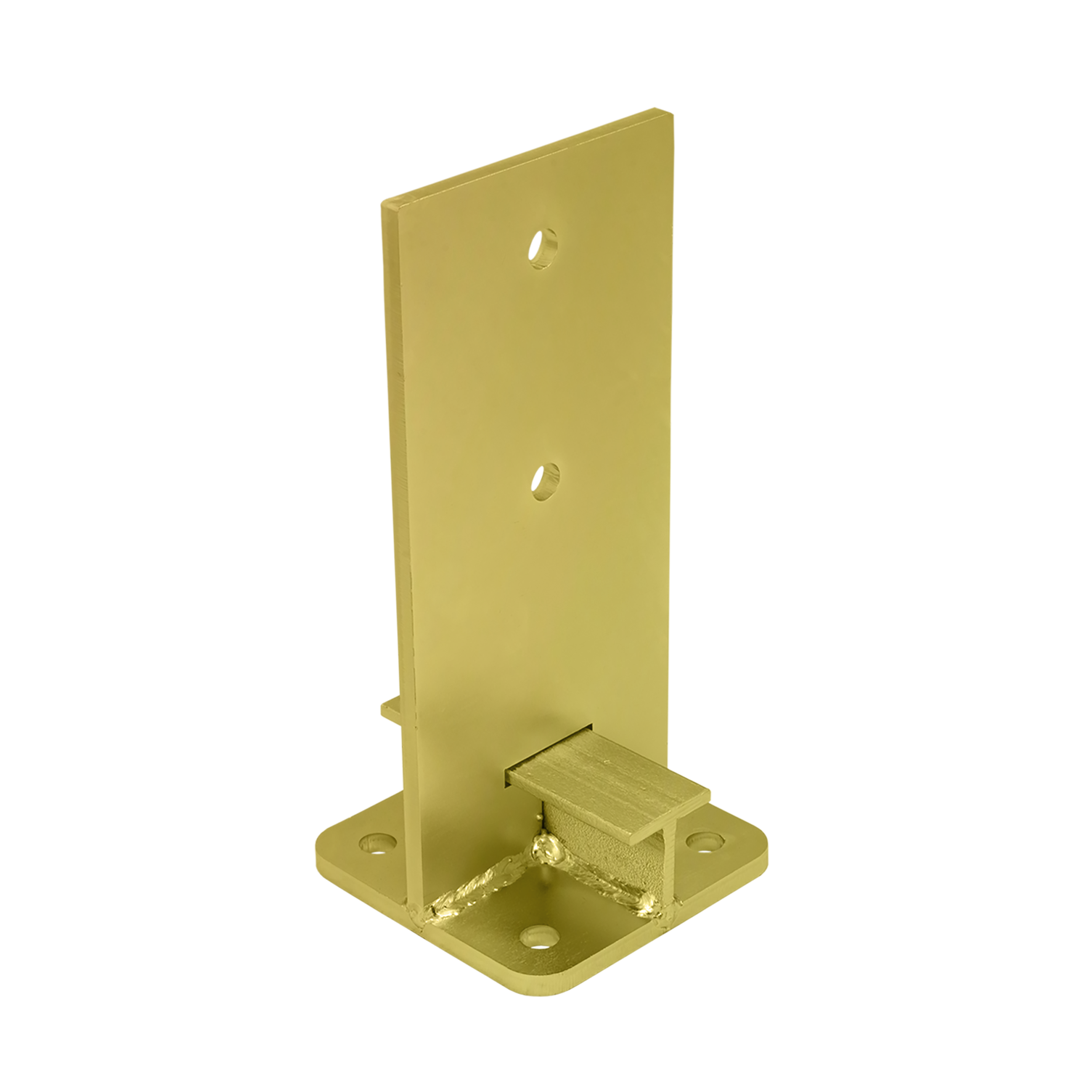 Pfostenträger zum aufdübeln Typ T Stützenfuss schwerlast - PUW | 120 mm | Gold Säulenfußanker zum Verschrauben mit Beton, Typ T, versenkt, stark, PUW, 120 mm, gold, 120x250x8,0 mm.
