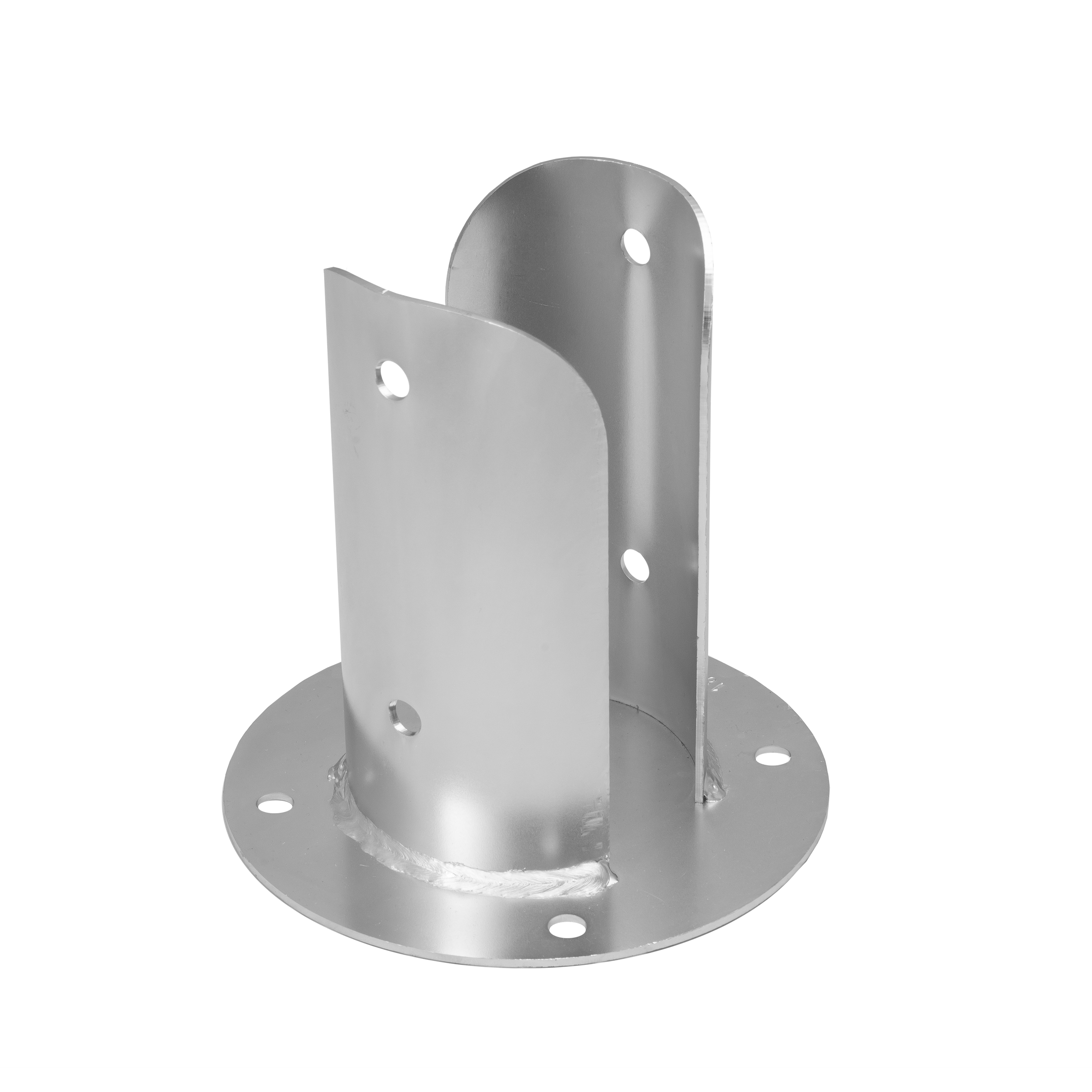 Pfostenträger Stützenfuß rund geteilt mit runder Grundplatte - PSPOD | 100 mm | verzinkt Säulenfuß Rundanker geteilt mit PSPOD Rundfuß, 100 mm, silber, 101x180x2,5 mm.