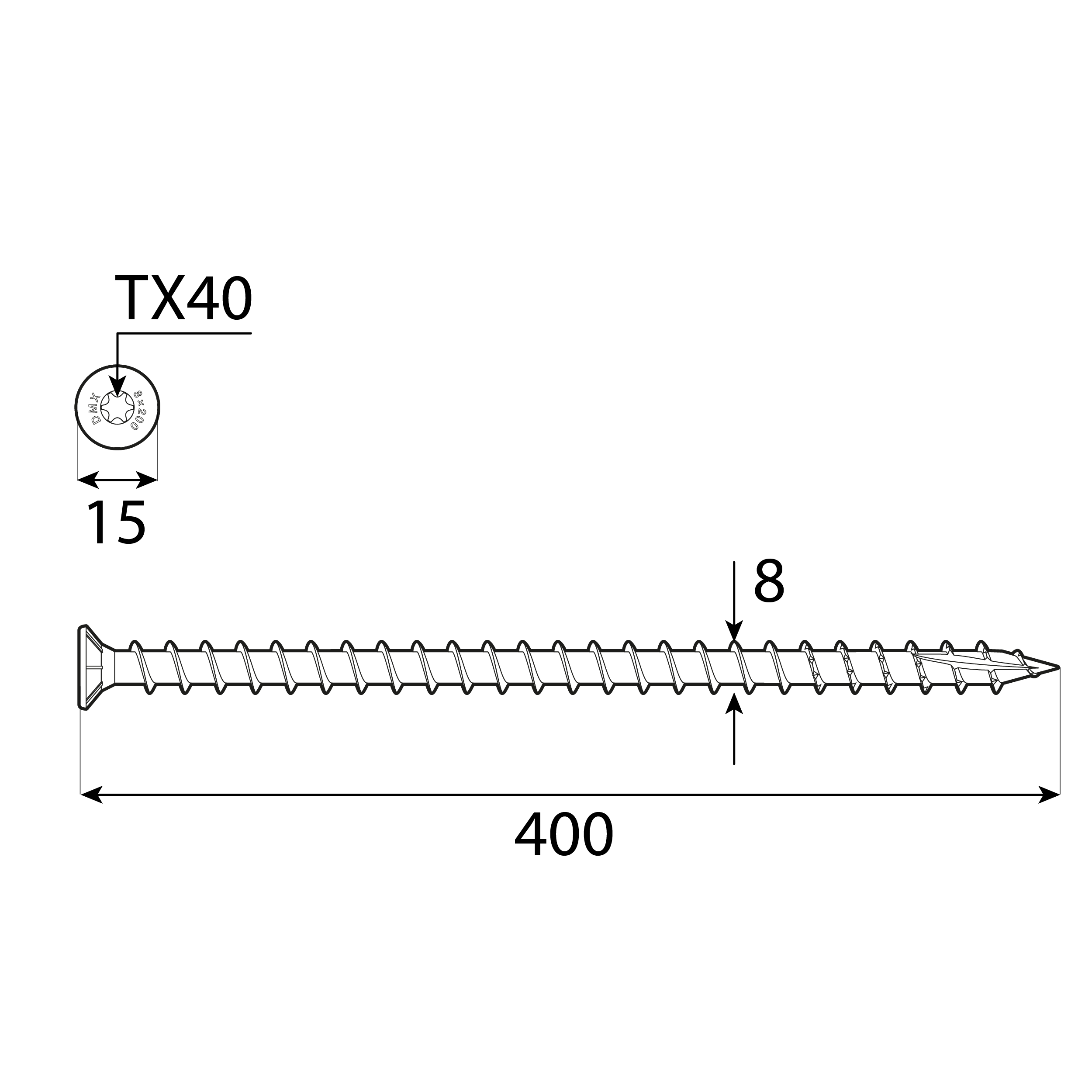 Wkręty z pełnym gwintem konstrukcyjne z łbem stożkwym TORX - CPS | 8 x 400 mm | Srebrny | 50 szt