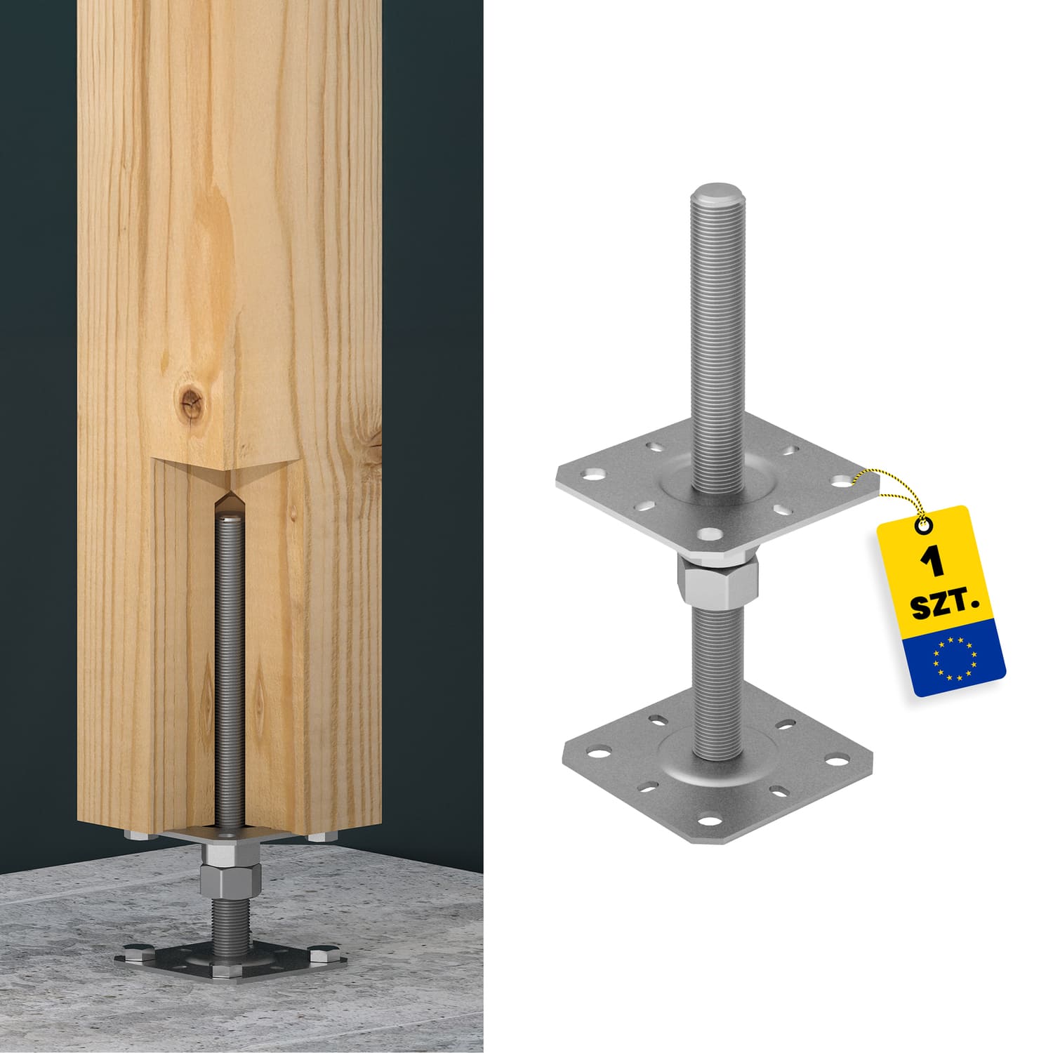 Pfostenträger verstellbar zum aufdübeln Anker mit Gewinde M24 - PSR |100x250 mm | verzinkt Flacher Gewindeanker für Mastfuß, höhenverstellbar PSR, 100x250 mm, M24, silber, Produktfoto.