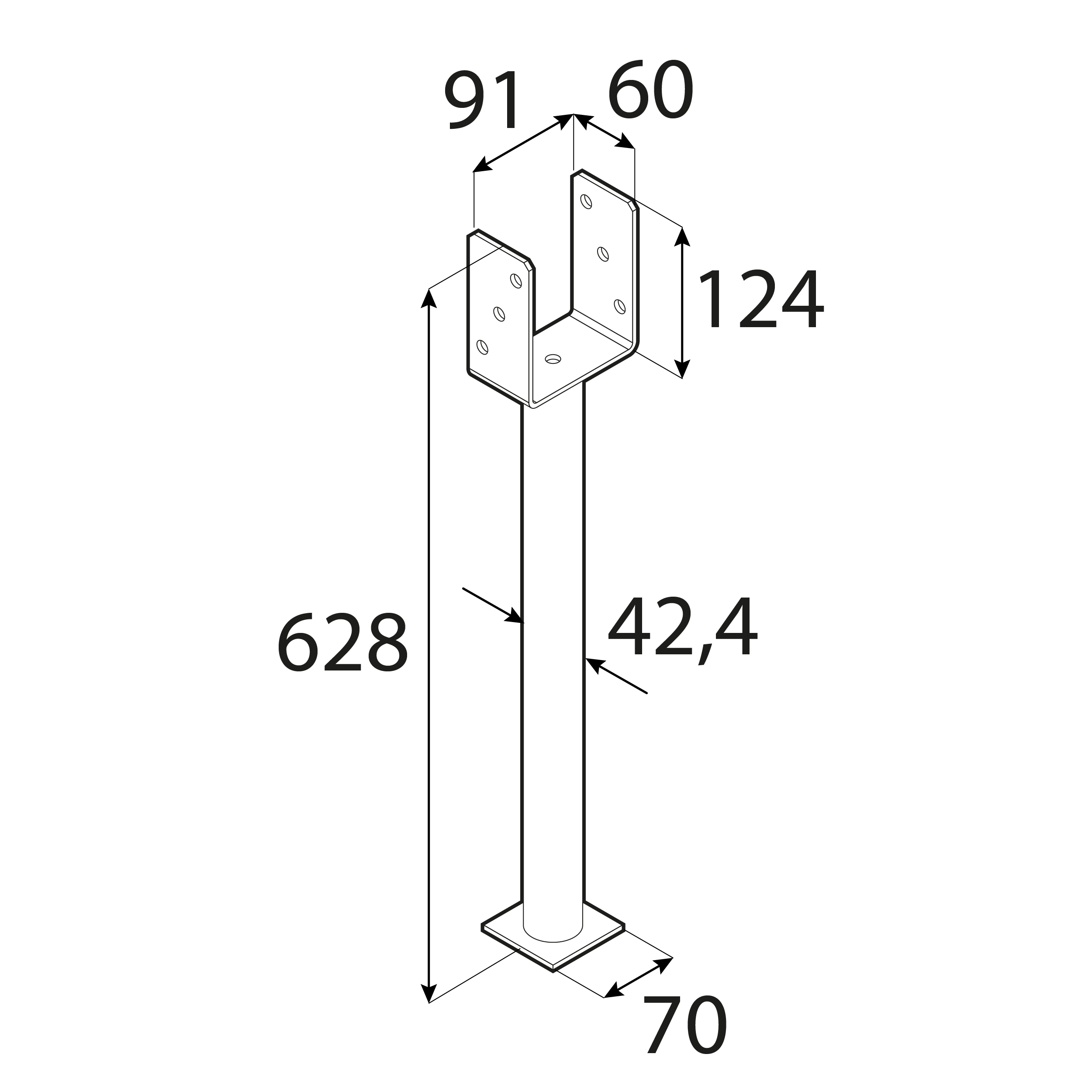 Podstawa słupa kotwa typ U z długa rurą - PS 500 | 90 mm | 628 mm