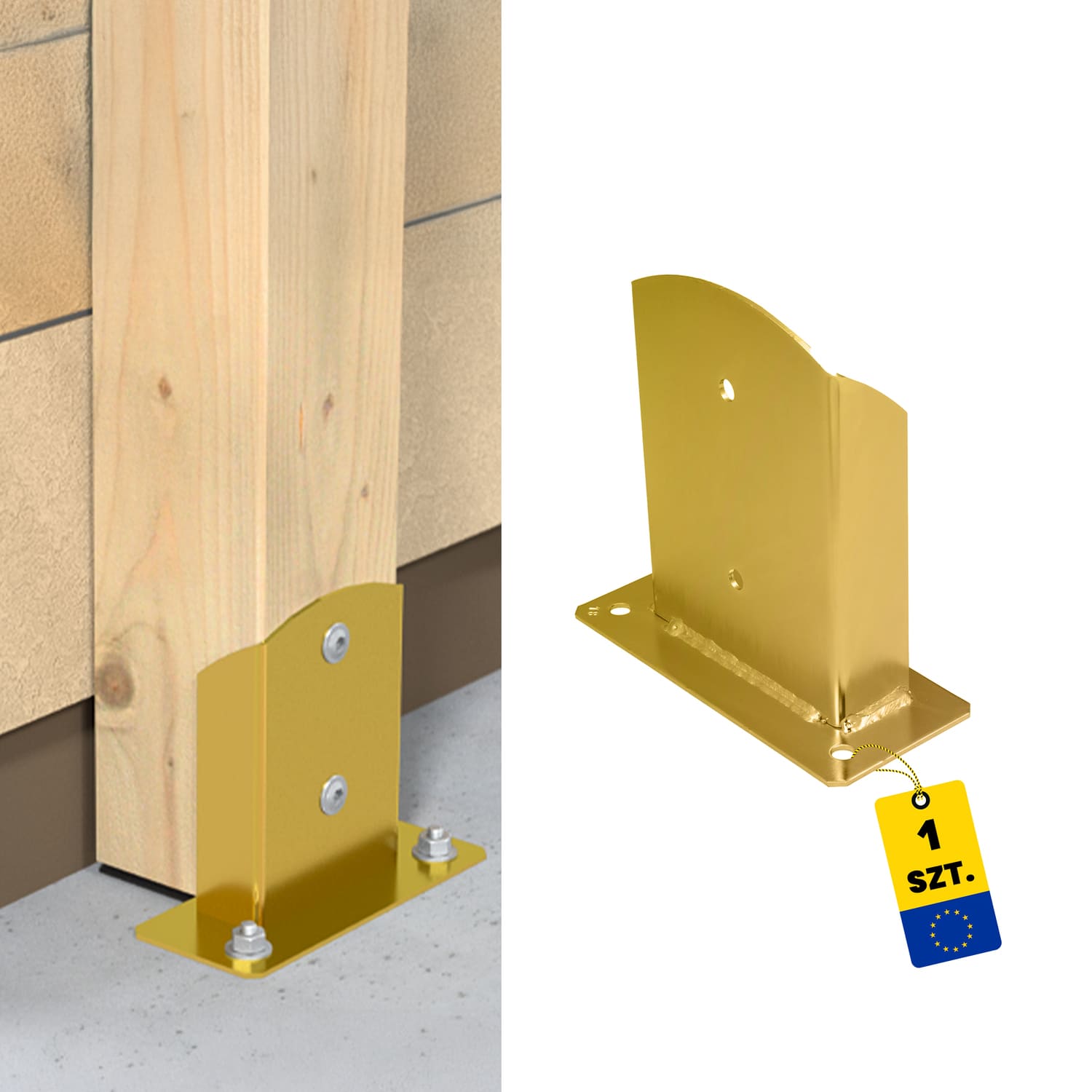Pfostenträger zum aufdübeln Aufschraubhülse geteilt mit rechteckiger Grundplatte - PSD | 100 mm | Gold Säulenfuß-Spaltanker mit rechteckiger Basis PSD, 100 mm, Gold, Produktfoto.