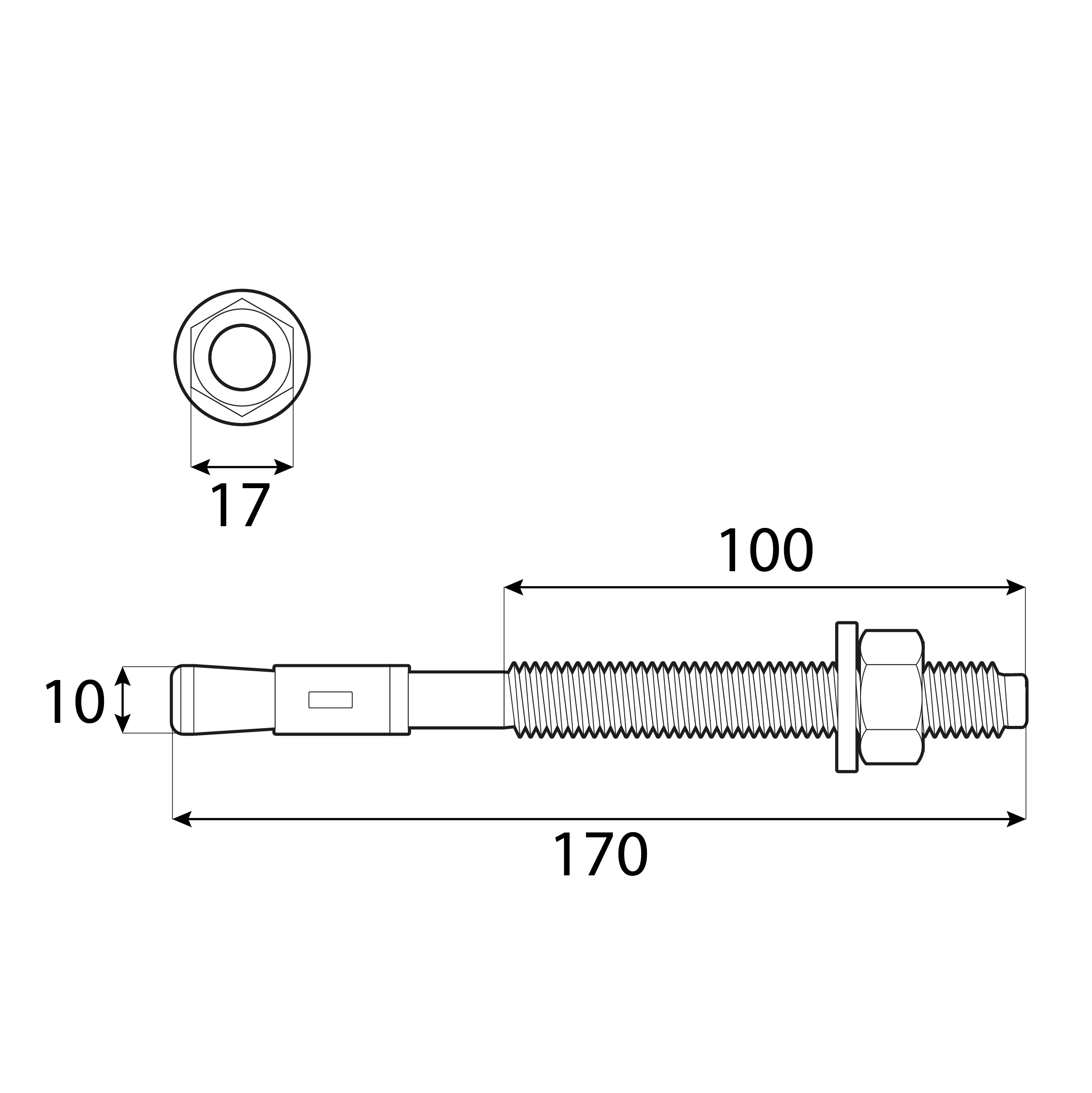 Bolzenanker Beton Sechskantkopf - PBK | M10 x 170 mm | verzinkt | 25 Stk. Mechanische Ringanker für PBK-Beton, M10x170 mm, silber, 25 Stk., 10x170 mm, gehärteter Kohlenstoffstahl, Schuss 1.