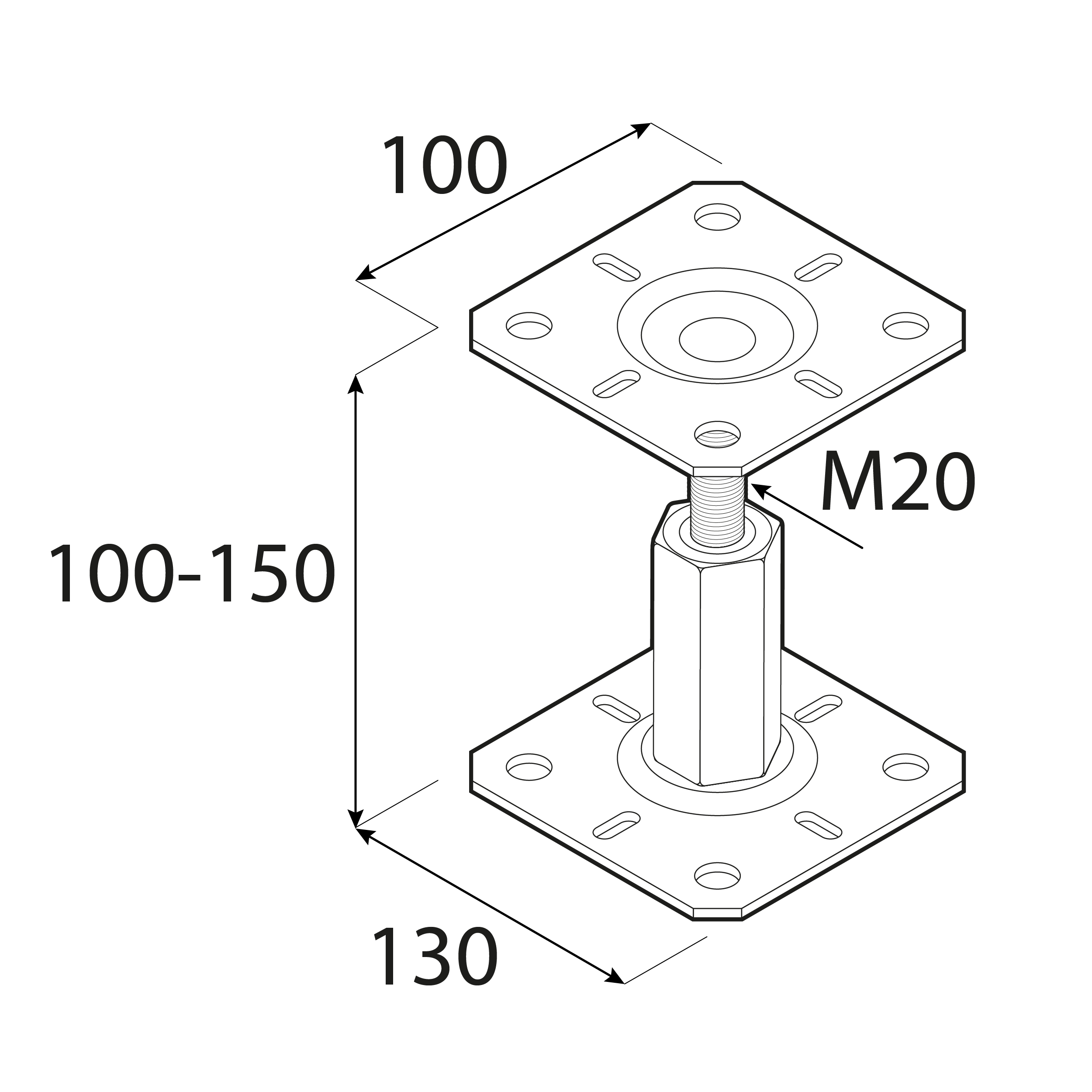 Pfostenträger höhenverstellbar 100 bis 150 mm zum aufdübeln Anker mit Gewinde M20 - PR |100x130 mm | Schwarz Mastfuß Flachgewindeanker höhenverstellbar PR, 100x130x100-150 mm, schwarz, 150x3,0 mm 130.