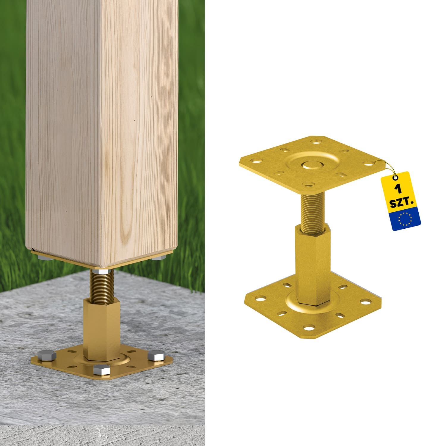 Pfostenträger höhenverstellbar 100 bis 150 mm zum aufdübeln Anker mit Gewinde M20 - PR |100x100 mm | Gold Stangenfuß, flacher Gewindeanker, höhenverstellbar PR, 100x100x100-150 mm, Gold.