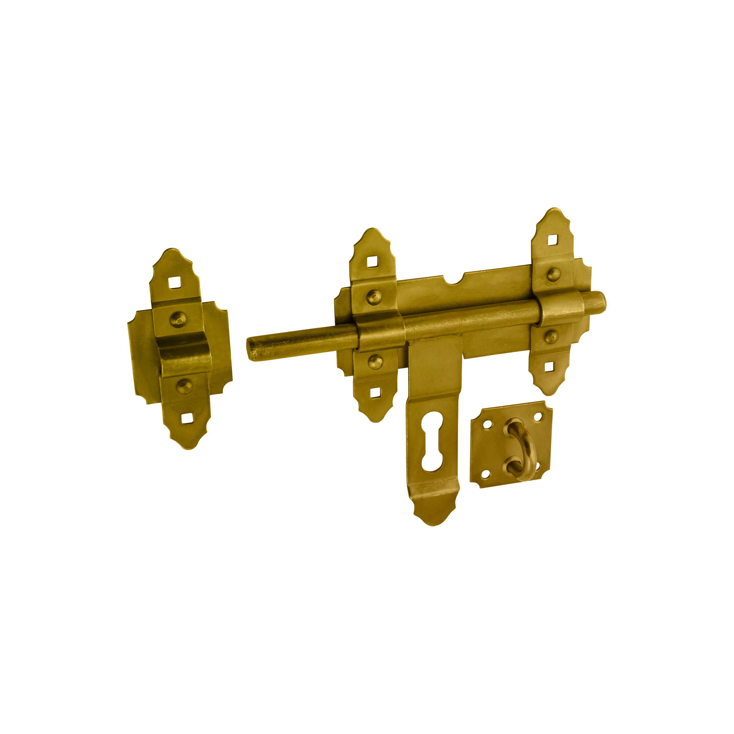 Schwerer dekorativer Torriegel mit flachem Riegel für Tor und Gartentor - WCZ | verzinkt | 250 mm Schwerer Zierriegel mit Flachriegel für WCZ-Schlupftor, gold, 250 mm, 250 x 200 x 2,5 mm, Baustahl S235.