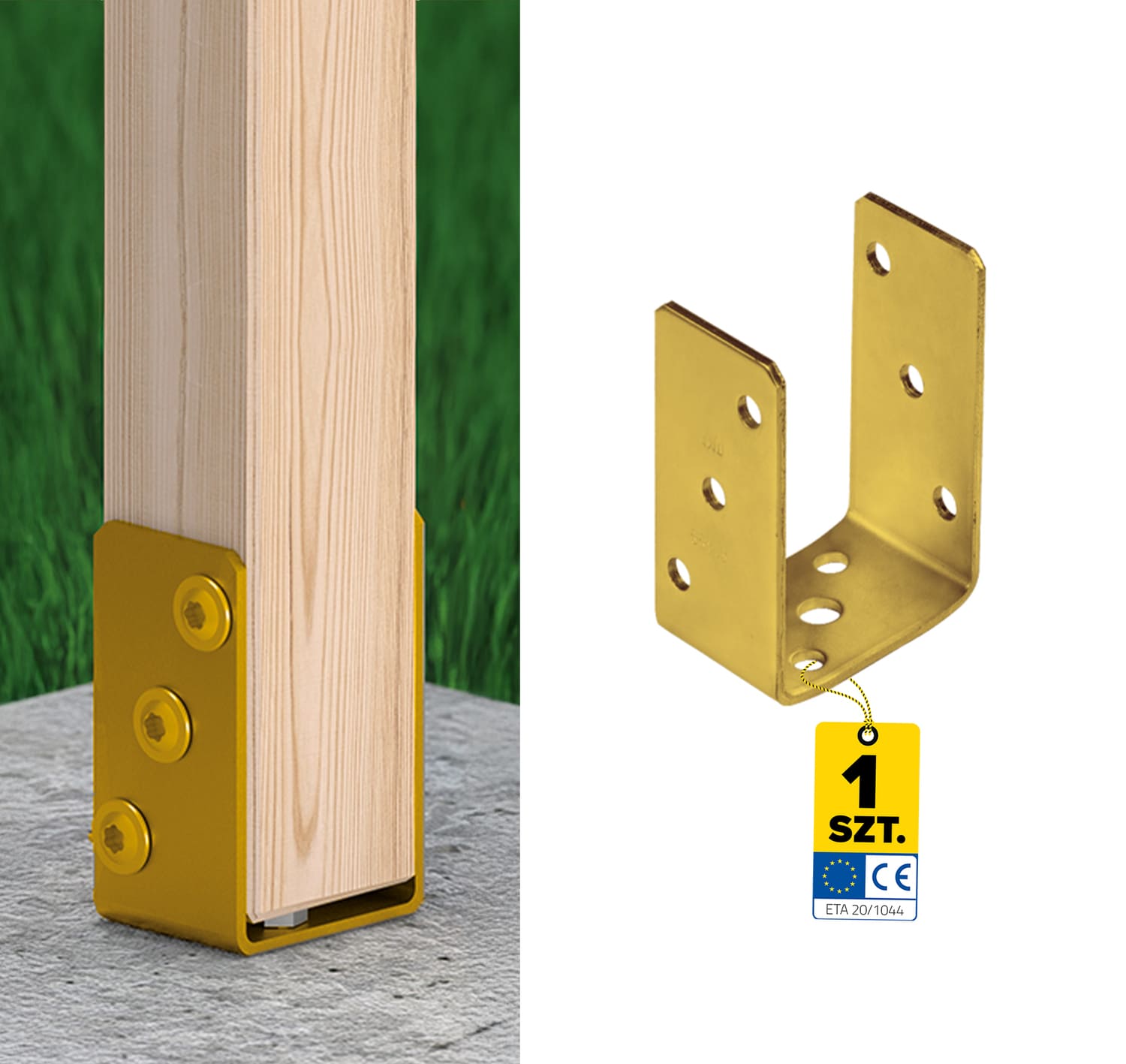 Pfostenträger zum aufdübeln U-Form universal - PSO | 80 mm | Gold Säulenfußanker zum Verschrauben mit Beton, Typ U, Universal PSO, 80 mm, gold.