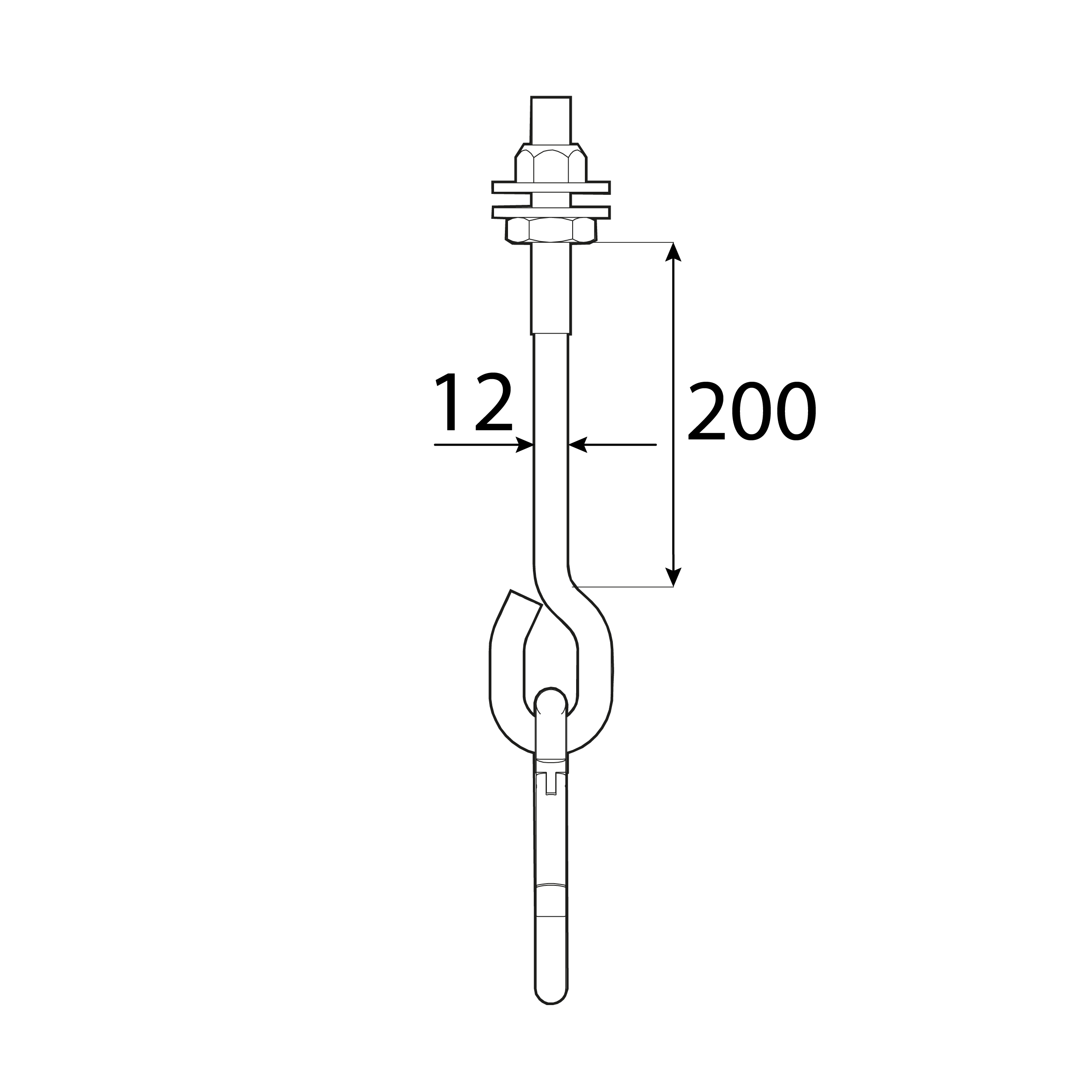 Schaukelhaken mit Karabiner Typ A - MHA | 200 mm | M12 Schaukelhaken mit Karabiner, Schlinge, Typ A MHA-Befestigung, 200 mm, M12, Silber, Kohlenstoffstahl, Schuss 1.