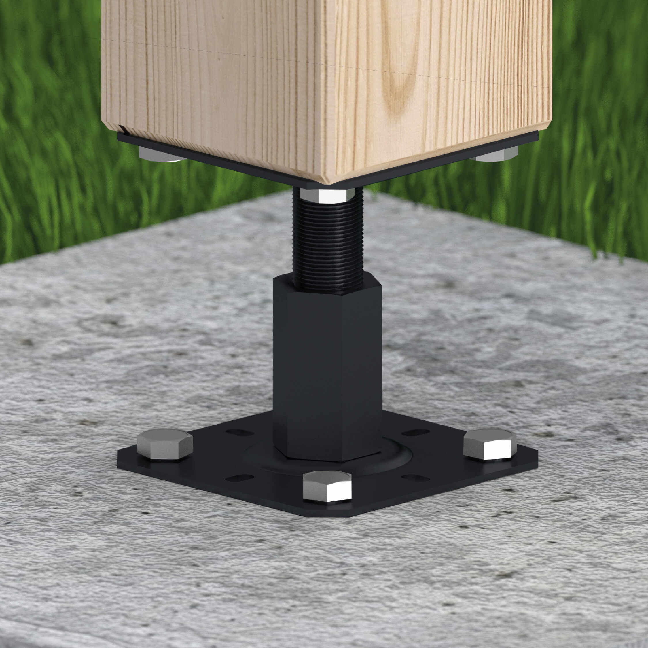 Pfostenträger höhenverstellbar 100 bis 150 mm zum aufdübeln Anker mit Gewinde M20 - PR |100x130 mm | Schwarz Mastfuß Flachgewindeanker höhenverstellbar PR, 100x130x100-150 mm, schwarz, 150x3,0 mm schwarz.
