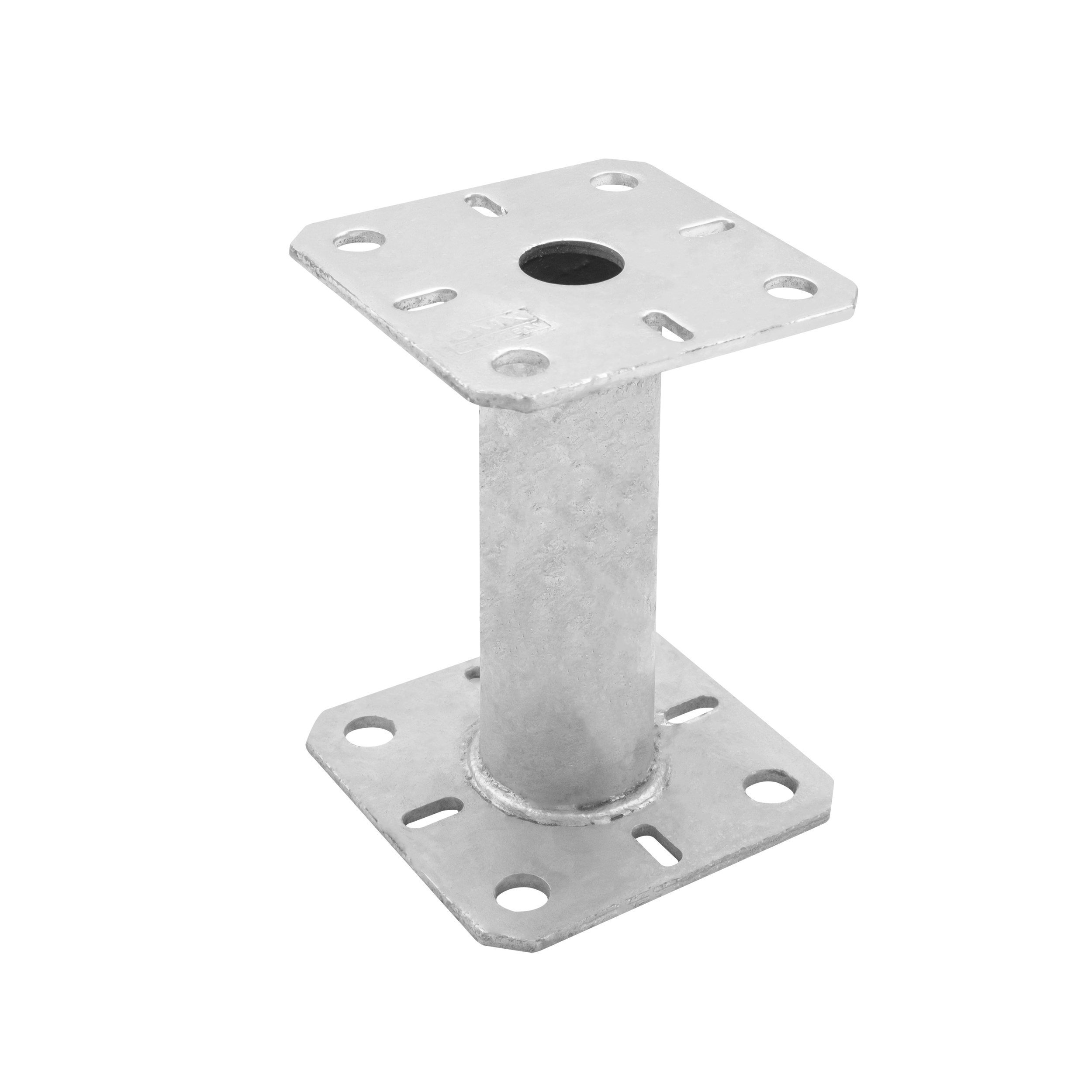 Pfostenträger flach Konsole mit Rohr - PMF | 100x100 mm | 150 mm | feuerverzinkt Mastfußanker-Flachhalterung mit PMF-Rohr, 100x100 mm, 150 mm, silber, 100x100x150x4,0 mm.