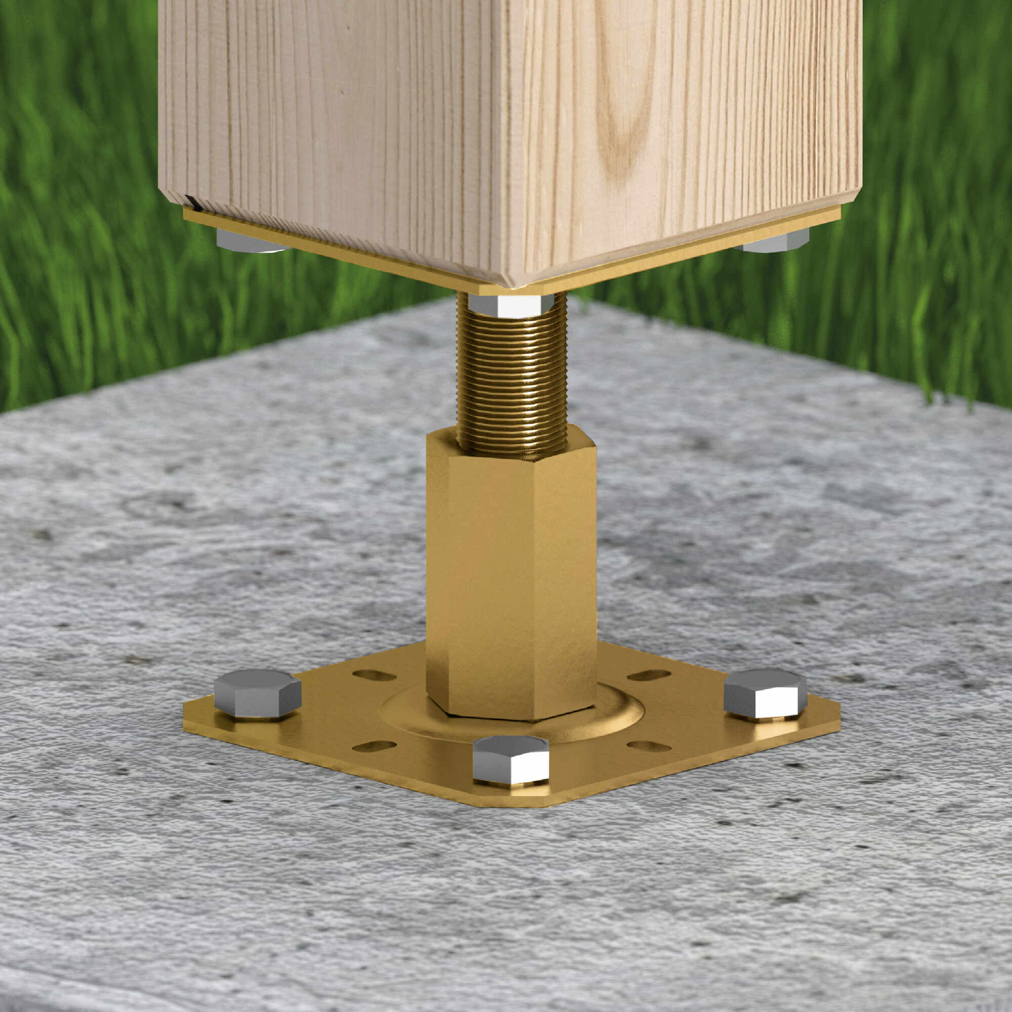 Pfostenträger höhenverstellbar 100 bis 150 mm zum aufdübeln Anker mit Gewinde M20 - PR |100x130 mm | Gold Stangenfuß, flacher Gewindeanker, höhenverstellbar PR, 100x130x100-150 mm, Gold, 150x3,0 mm Gold.