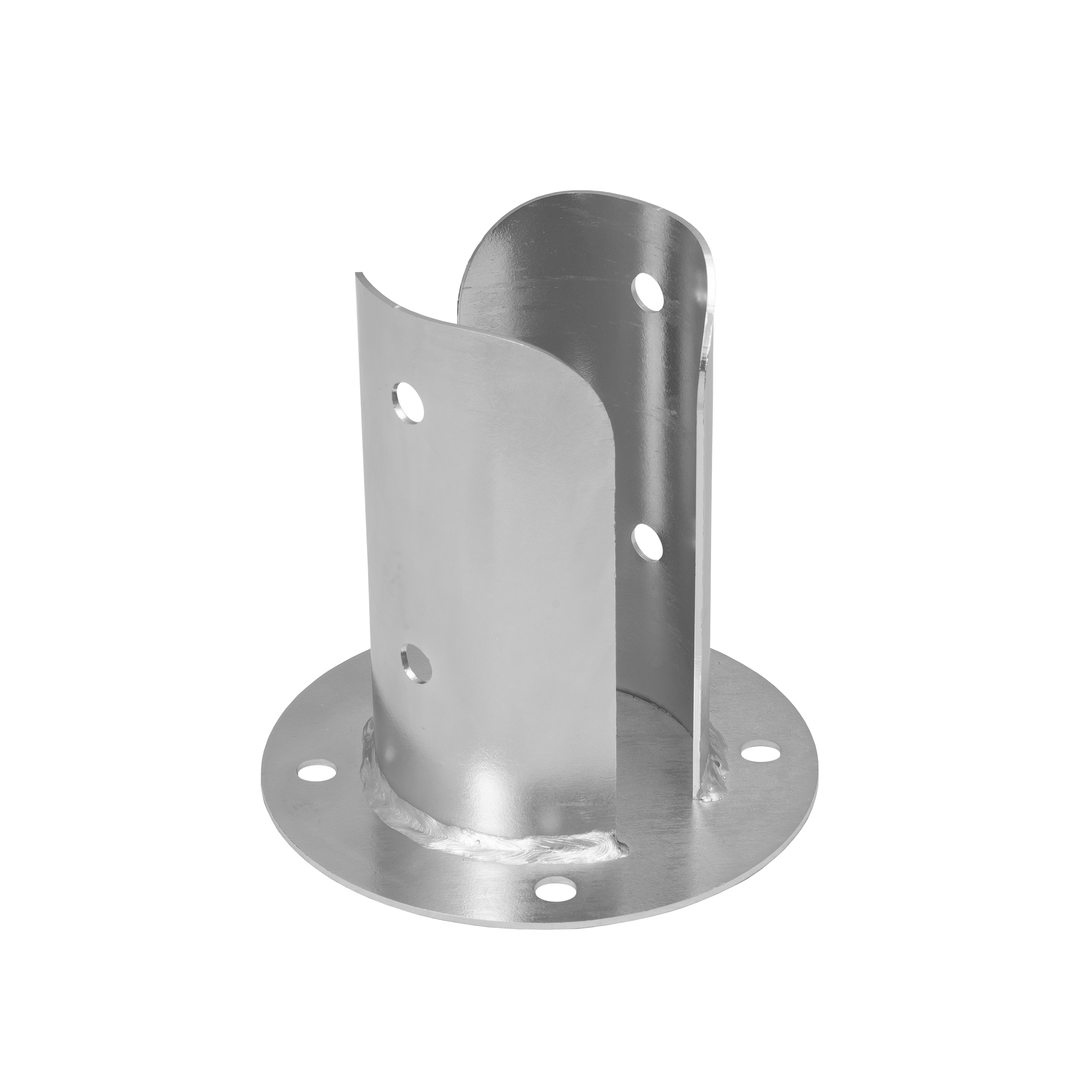 Pfostenträger Stützenfuß rund geteilt mit runder Grundplatte - PSPOD | 80 mm | verzinkt Säulenfuß-Rundanker geteilt mit PSPOD-Rundfuß, 80 mm, silber, 81x150x2,0 mm.