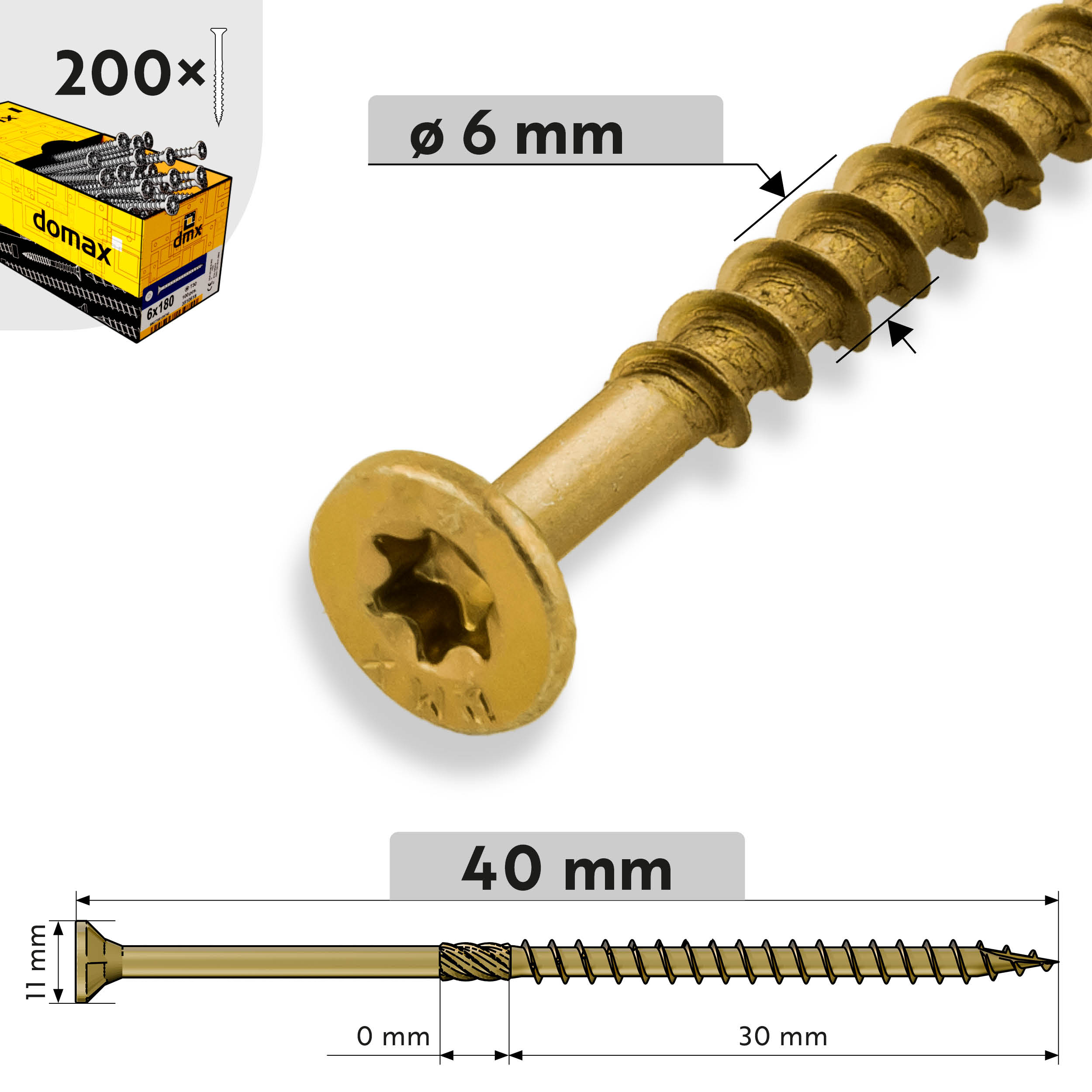Wkręty ciesielskie do drewna stożkowe TORX - CS | 6 x 40 mm | Złoty | 200 szt Wkręty ciesielskie do drewna stożkowe TORX - CS | 6 x 40 mm | Złoty | 200 szt