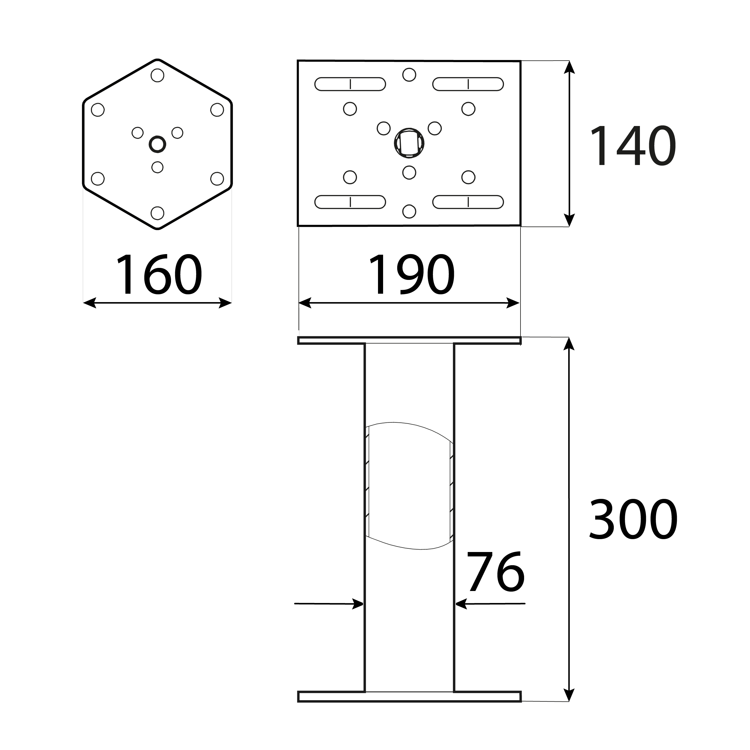 Verlängerung für PWM/PWF Bodenhülse sechseckiger Flansch - PWC | 300 mm Basisverlängerung PWM/PWF, sechseckiger PWC-Flansch, 300 mm, S235-Baustahl, silber, Schuss 2.
