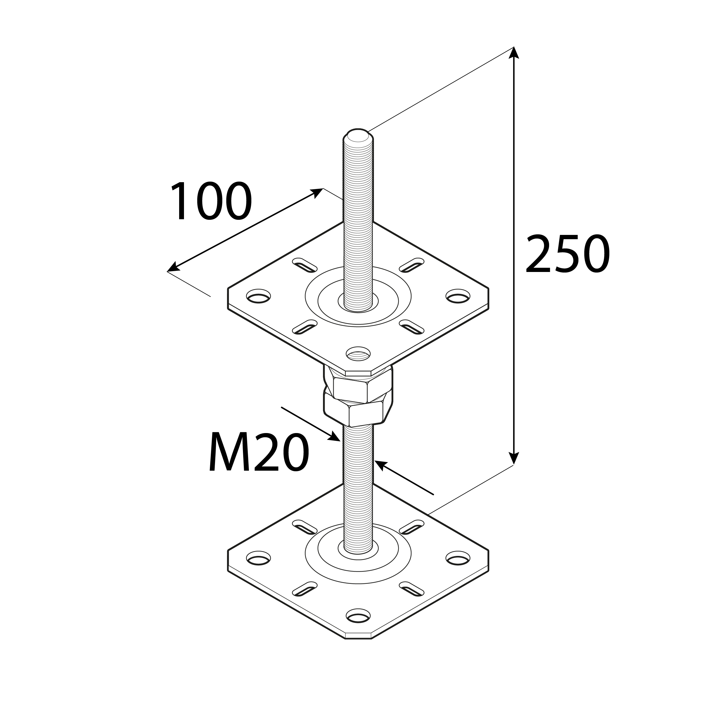 Pfostenträger verstellbar zum aufdübeln Anker mit Gewinde M20 - PSR |100x250 mm | verzinkt Flacher Gewindeanker für Mastfuß, höhenverstellbar PSR, 100x250 mm, M20, Silber 2.