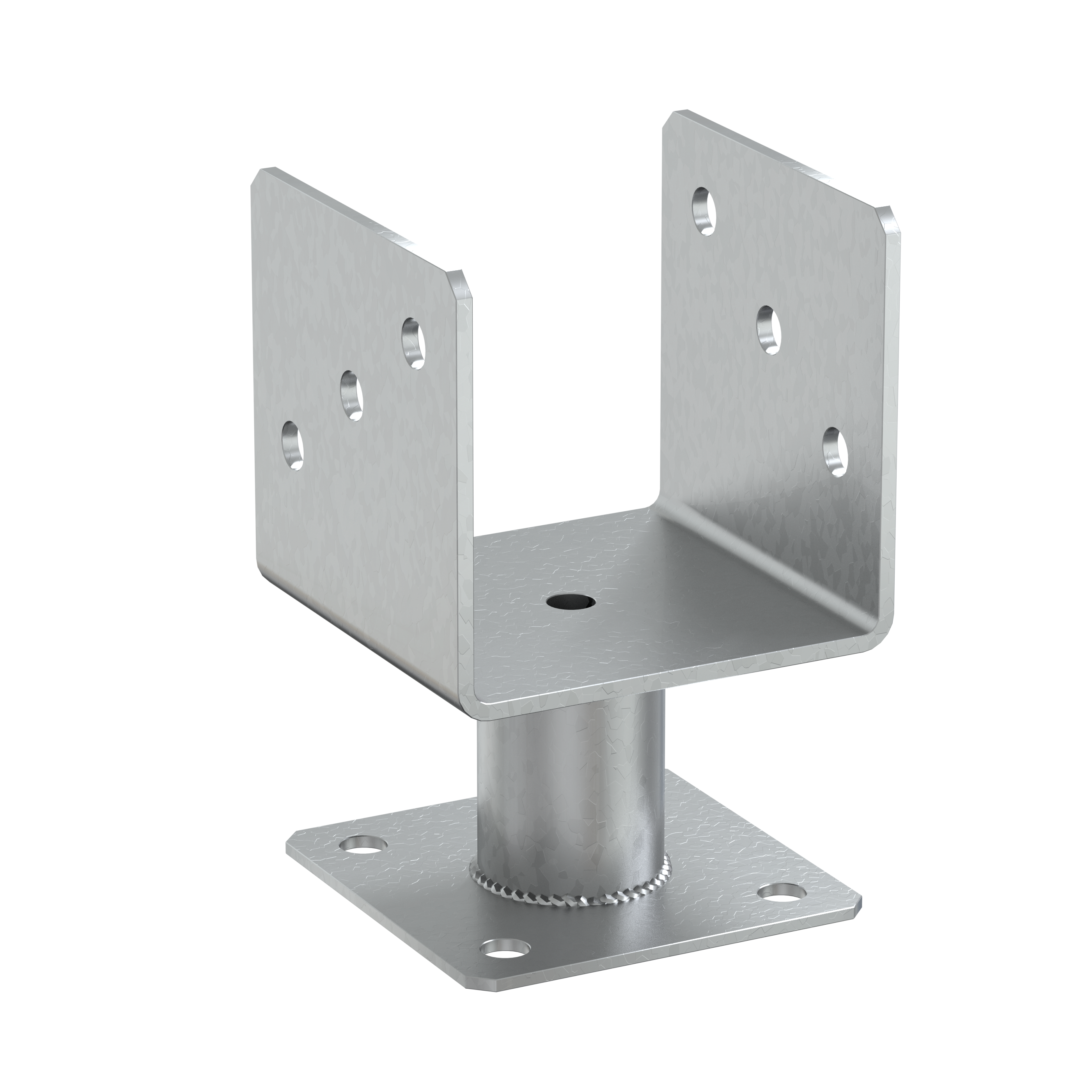Pfostenträger zum aufdübeln U-Form mit Rohr - PMFU | 100 mm | 163 mm | verzinkt Säulenfuß-Schraubanker Typ U mit PMFU-Rohr, 100 mm, 163 mm, silber, 101x100x163x4,0 mm.