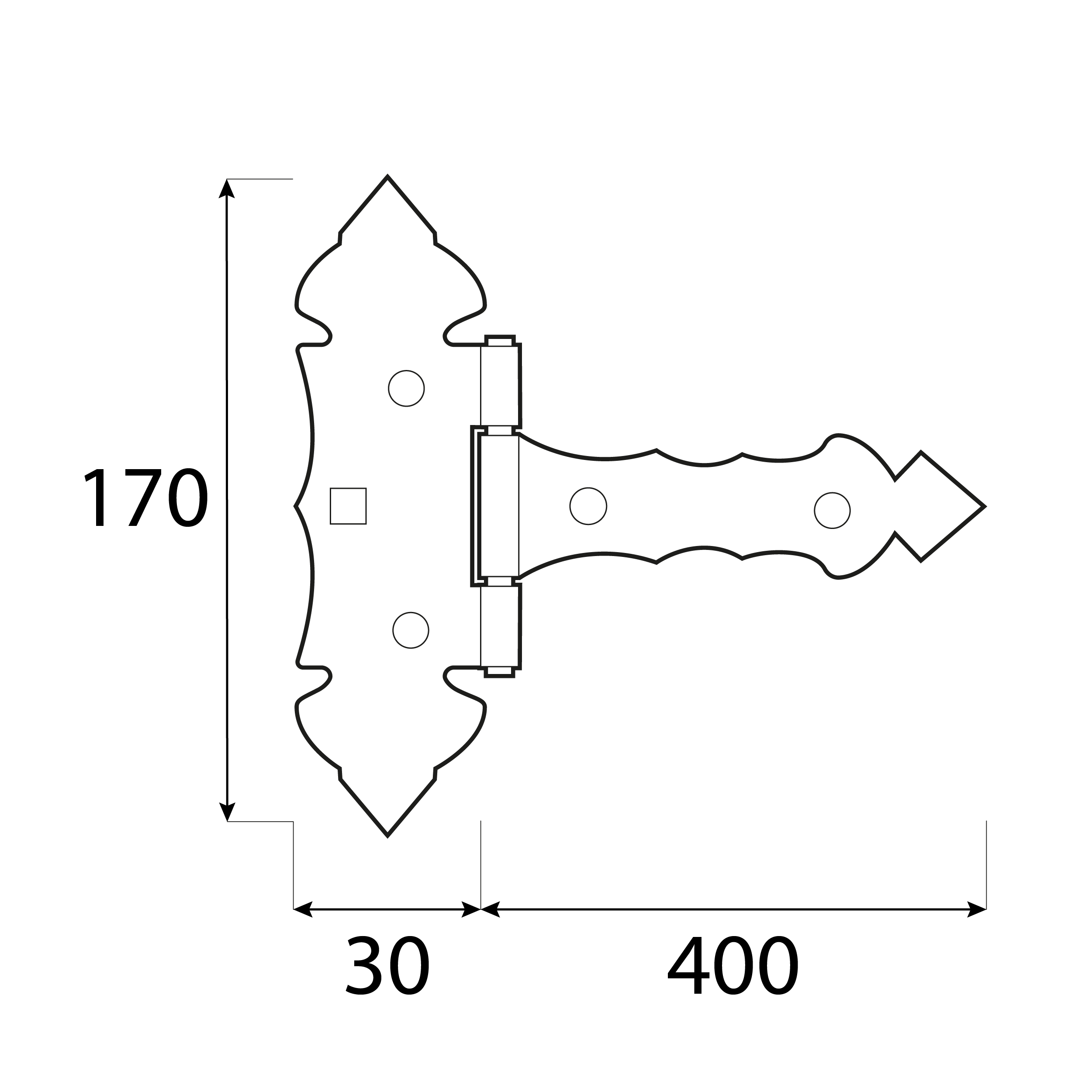 Dekoratives Torband Scharnier - ZOB | schwarz | 400 mm Dekoratives Torband fĂŒr Tor, SchlupftĂŒr, Fensterladen ZOB 400, 400 mm, schwarz, 30 mm, 170x400x30x2,5 mm 2.