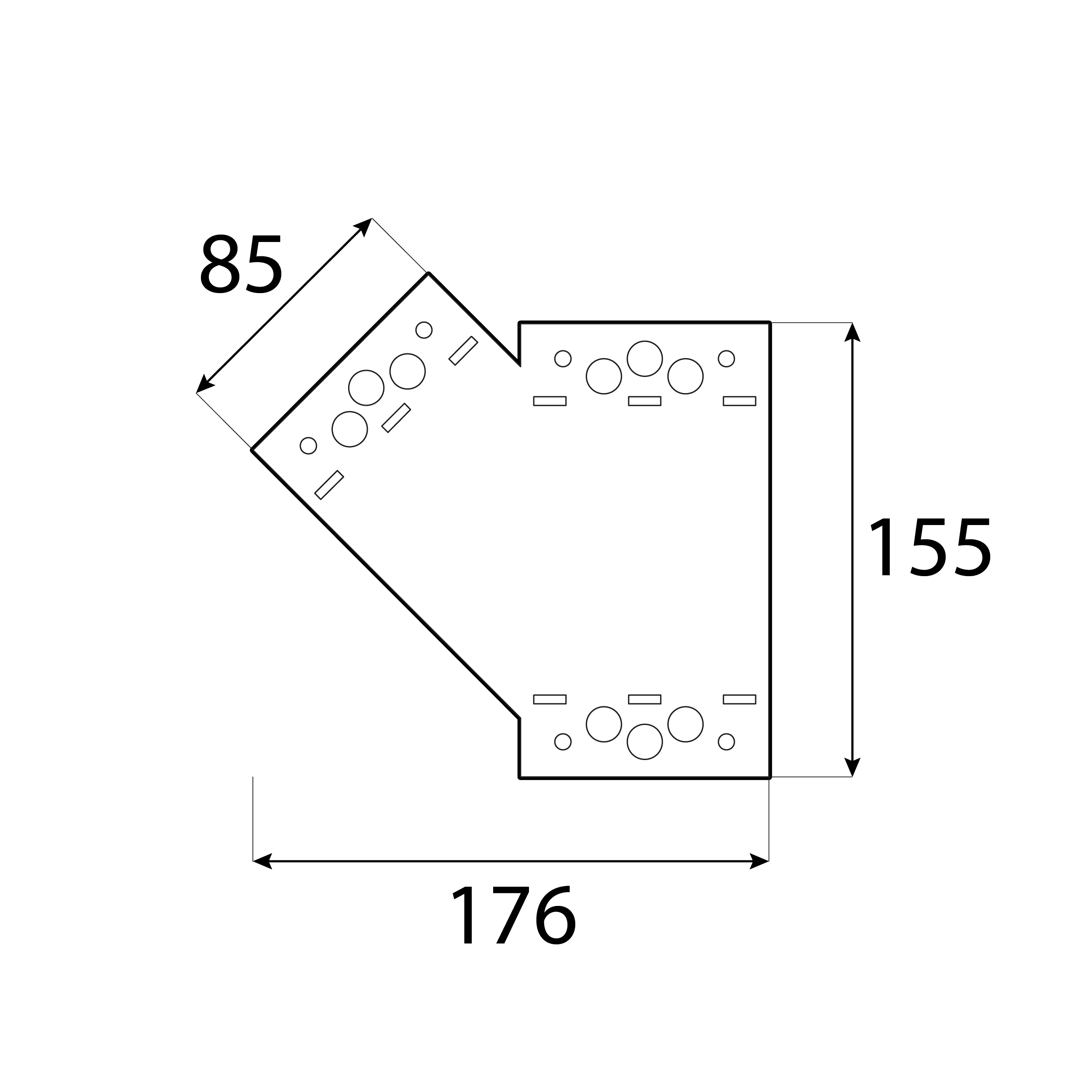 Dreiarmiger dekorativer Flachverbinder 45° links für Pergola - SDLPE 1 | 155x176x85 mm | schwarz Dreiarmiger Flachverbinder 45⁰ links dekorativ für SDLPE 1 Pergola, 155x176x85 mm, schwarz, DX51D-Baustahl.