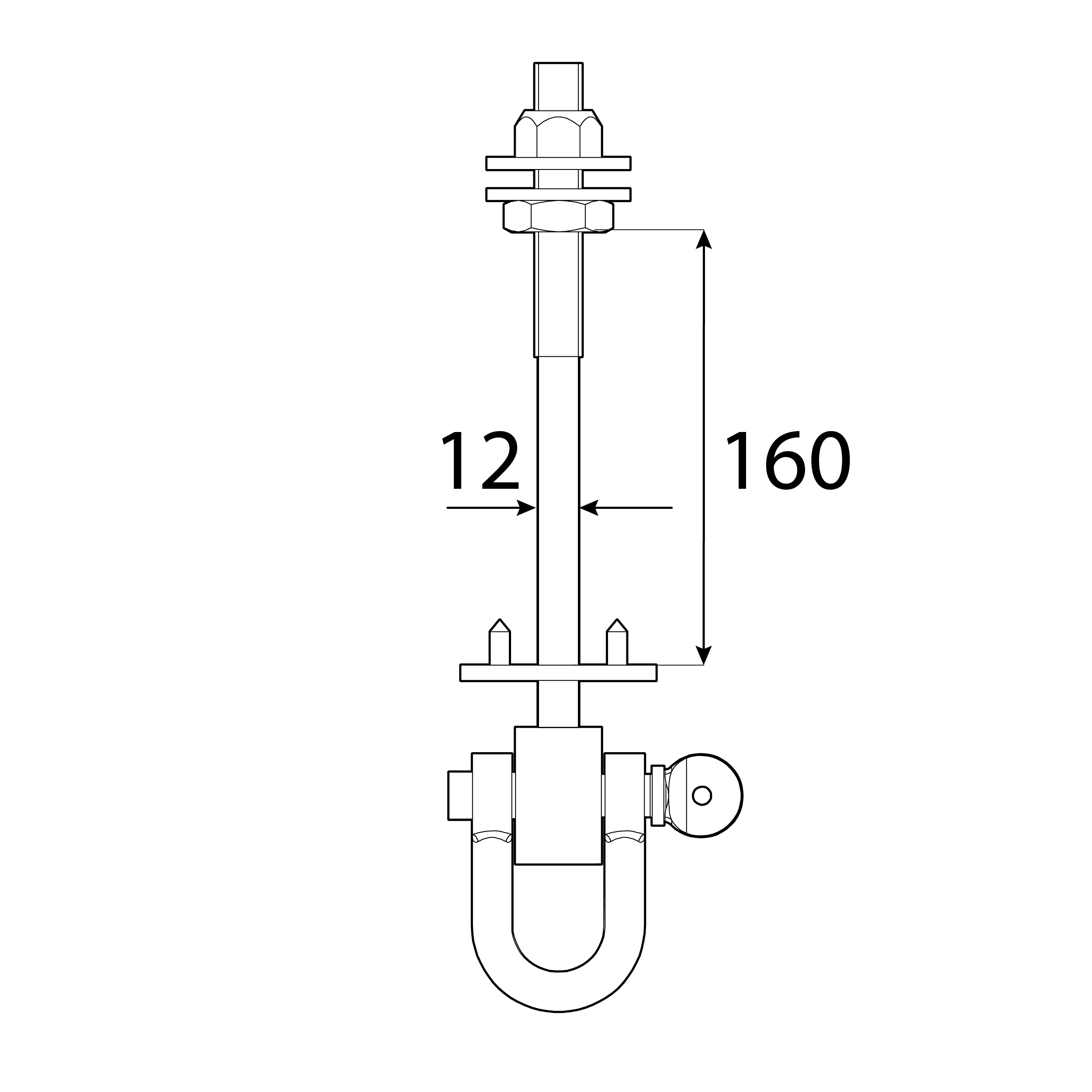 Schaukelhaken mit Lasche + Bolzen Typ D - MHD | 160 mm | M12 Schaukelhaken mit SchÀkel + Stiften, Schlingenbefestigung Typ D MHD, 160 mm, M12, Silber, Kohlenstoffstahl, Schuss 1.