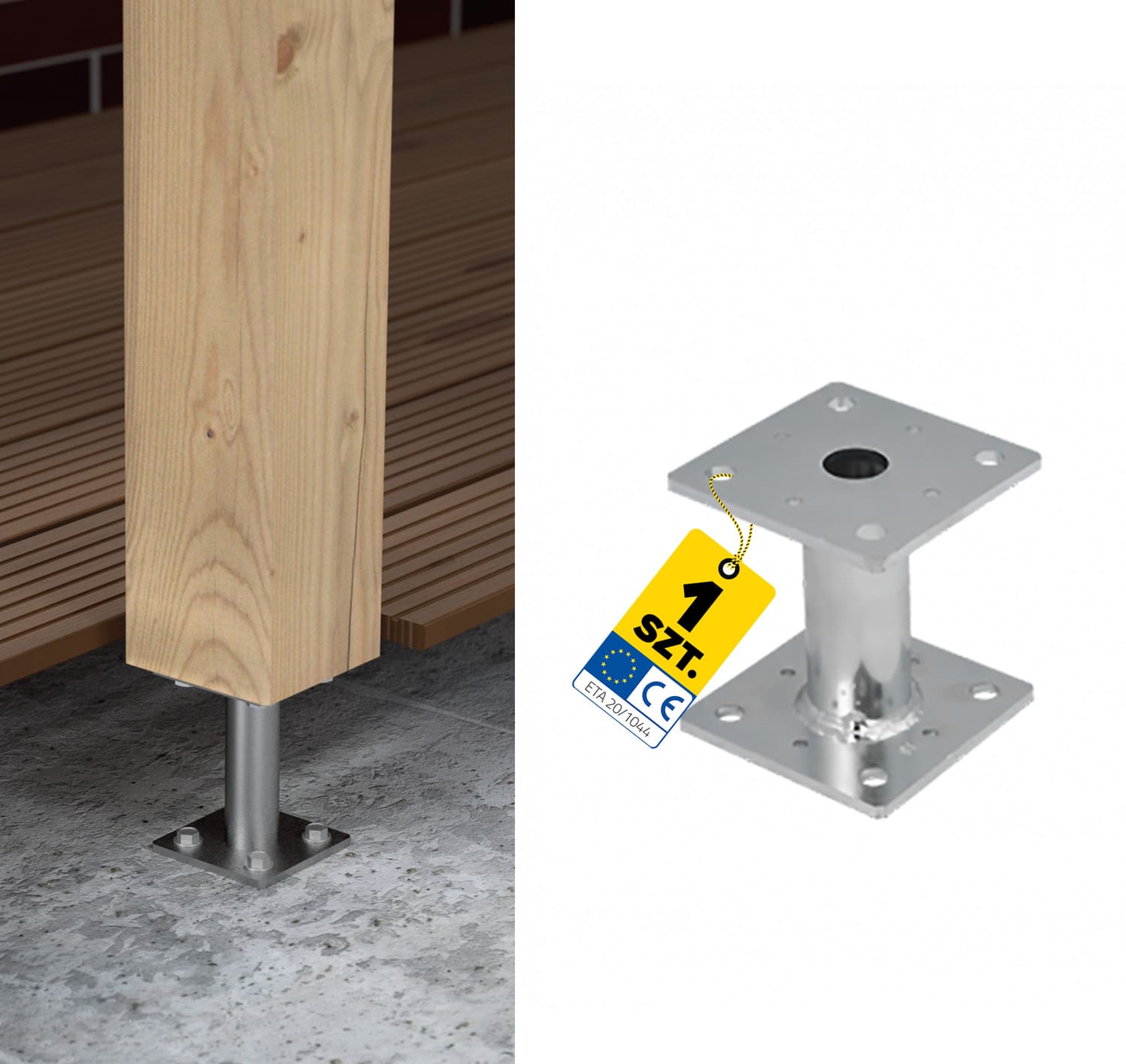 Pfostenträger flach Konsole mit Rohr - PMF | 100x100 mm | 150 mm | feuerverzinkt Mastfußanker-Flachhalterung mit PMF-Rohr, 100x100 mm, 150 mm, silber.