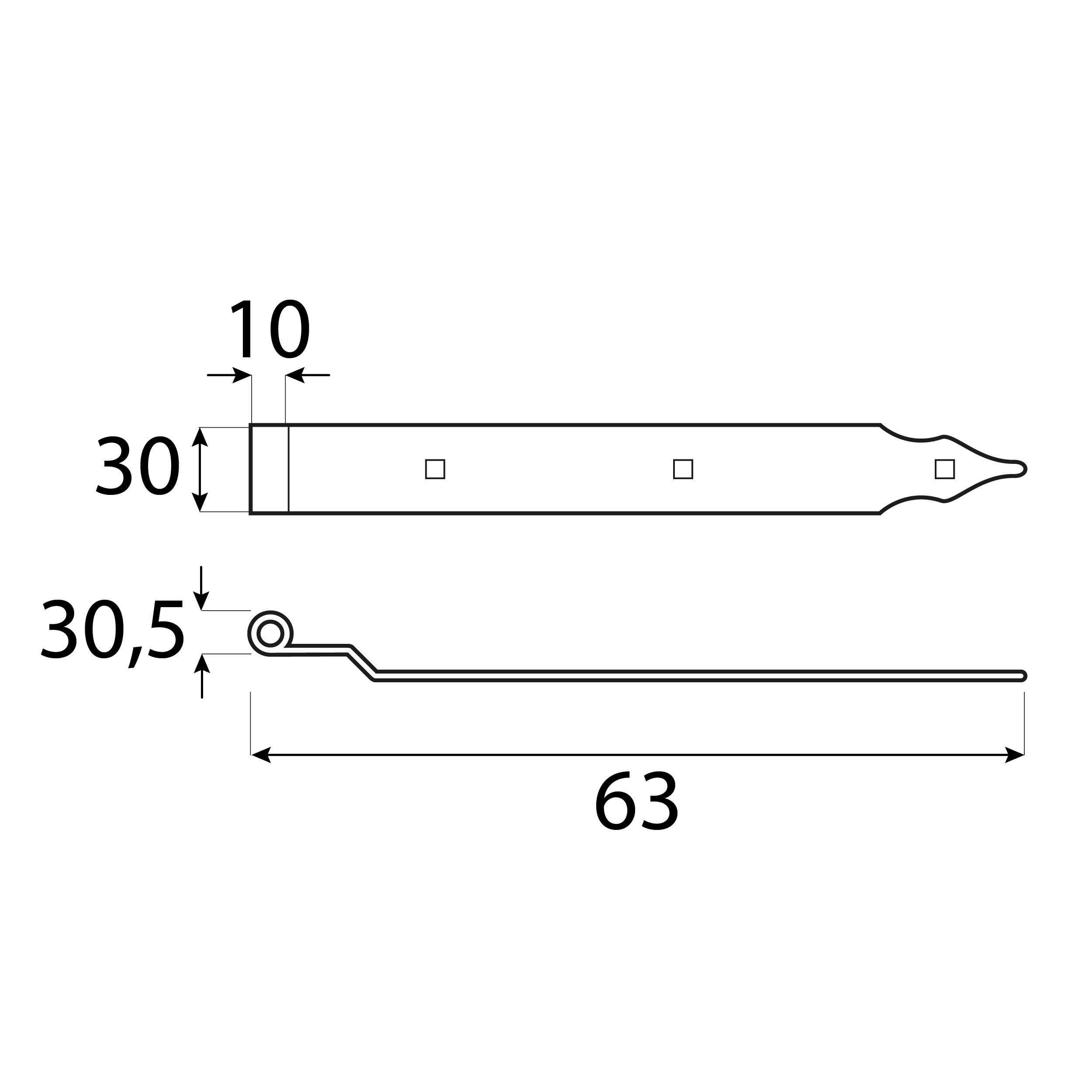 Gekröpftes Ladenband für Tore - ZPK | schwarz | 63 mm | fi 10 mm Versetztes Bandscharnier für ZPK-Tore, schwarz, 63 mm, Durchmesser 10 mm, 5x30x3,0 mm, Baustahl S235 10.