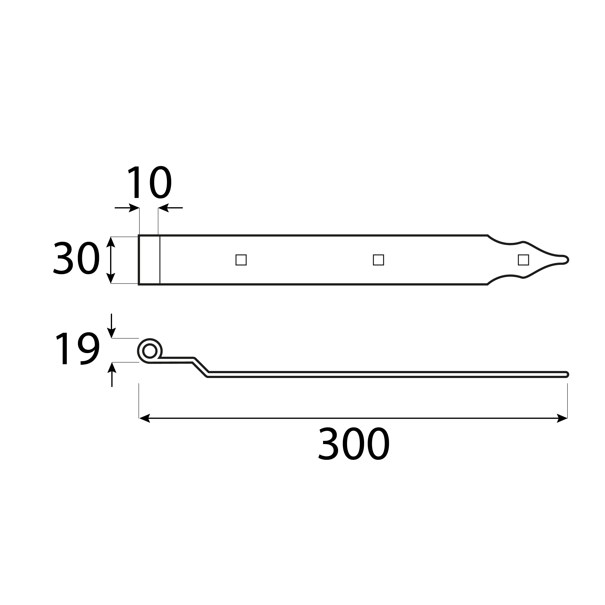 Gekröpftes Ladenband für Tore - ZPK | schwarz | 300 mm | fi 10 mm Versetztes Bandscharnier für ZPK-Tore, schwarz, 300 mm, Durchmesser 10 mm, 300x11x30x3,0 mm, Baustahl S235 10.