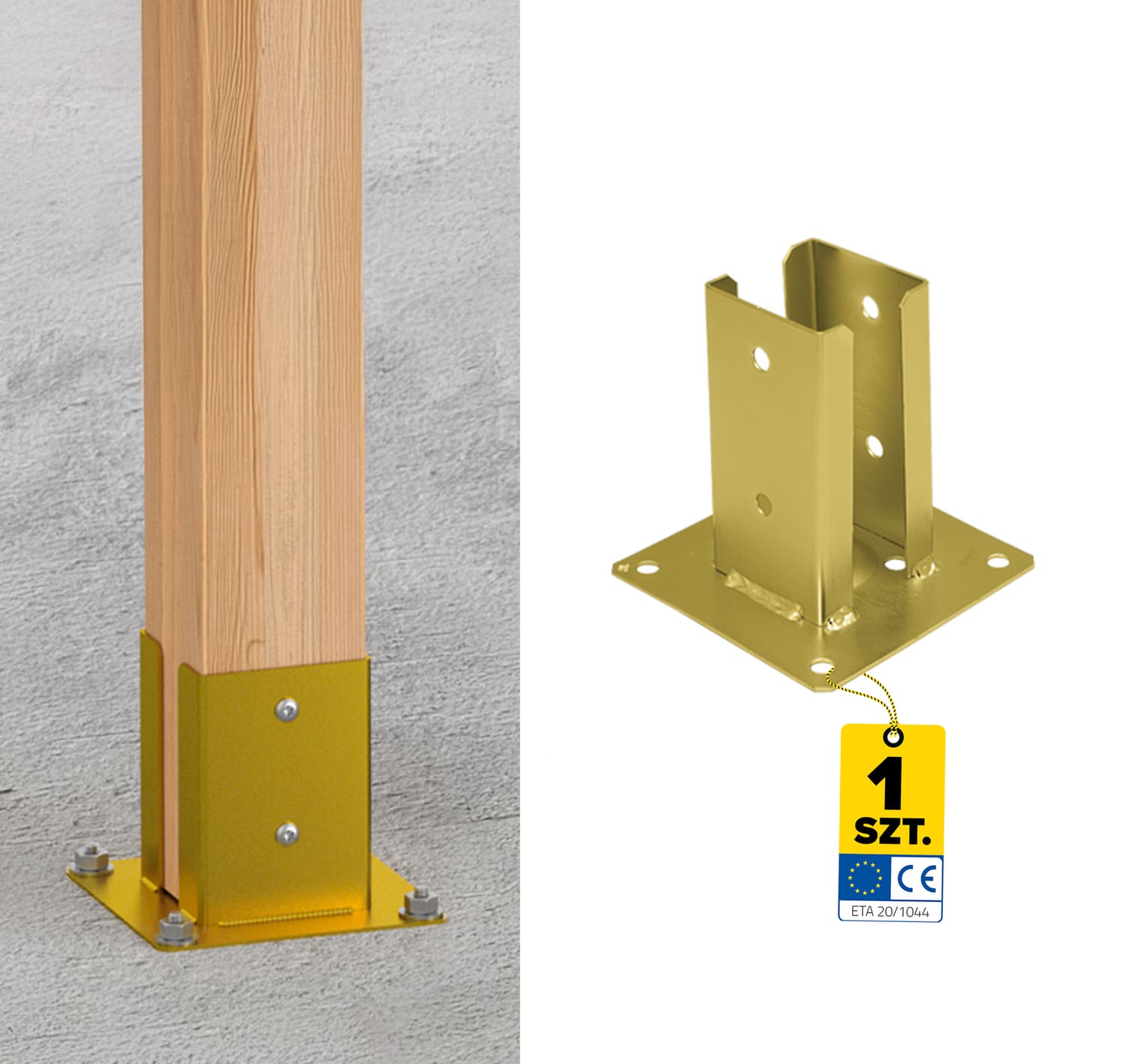 Podstawa słupa kotwa przykręcana podwójna z podstawą prostokątną - PSPD | 70 mm | Złoty