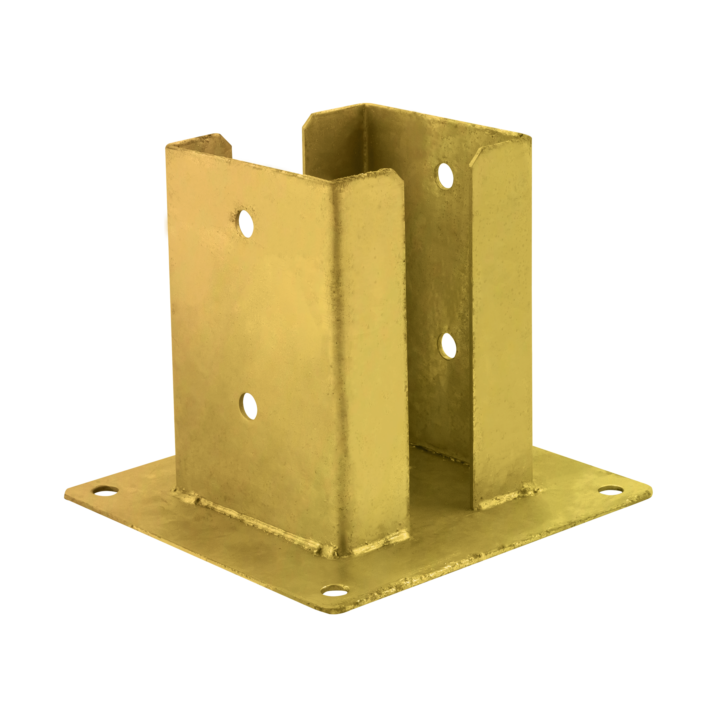 Pfostenträger zum aufdübeln Aufschraubhülse doppelt mit rechteckiger Grundplatte - PSPD | 90 mm | Gold Doppelverschraubter Säulenfuß mit rechteckigem Sockel PSPD, 90 mm, Gold, 91 x 150 x 2,0 mm.