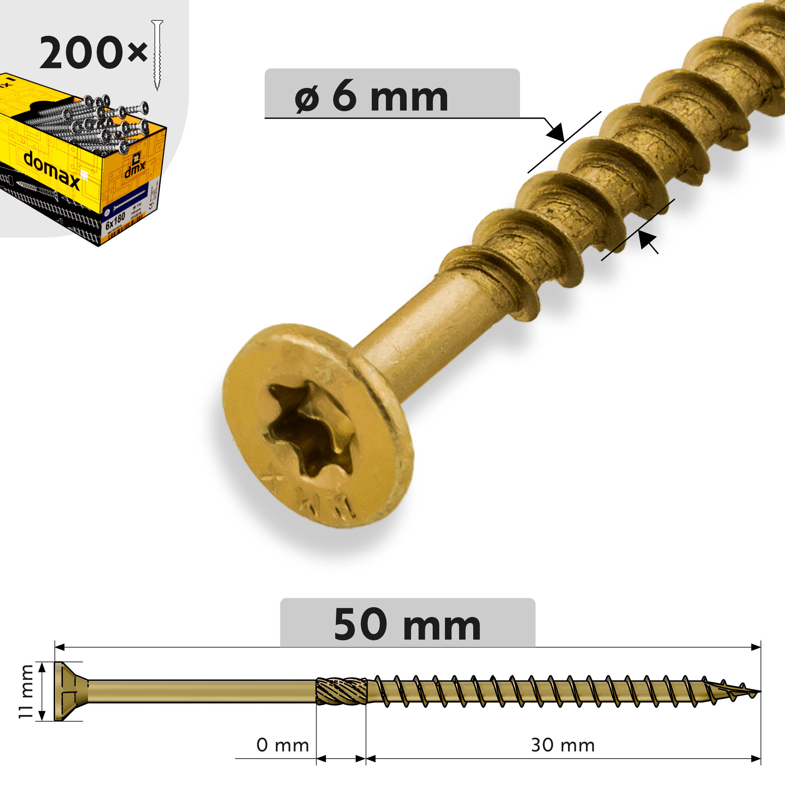 Holzschrauben Senkkopf TORX Teilgewinde - CS | 6 x 50 mm | gelb verzinkt | 200 Stk. TORX CS konische Zimmermannsschrauben fĂŒr Holz, 6x50 mm, Gold, 200 Stk.