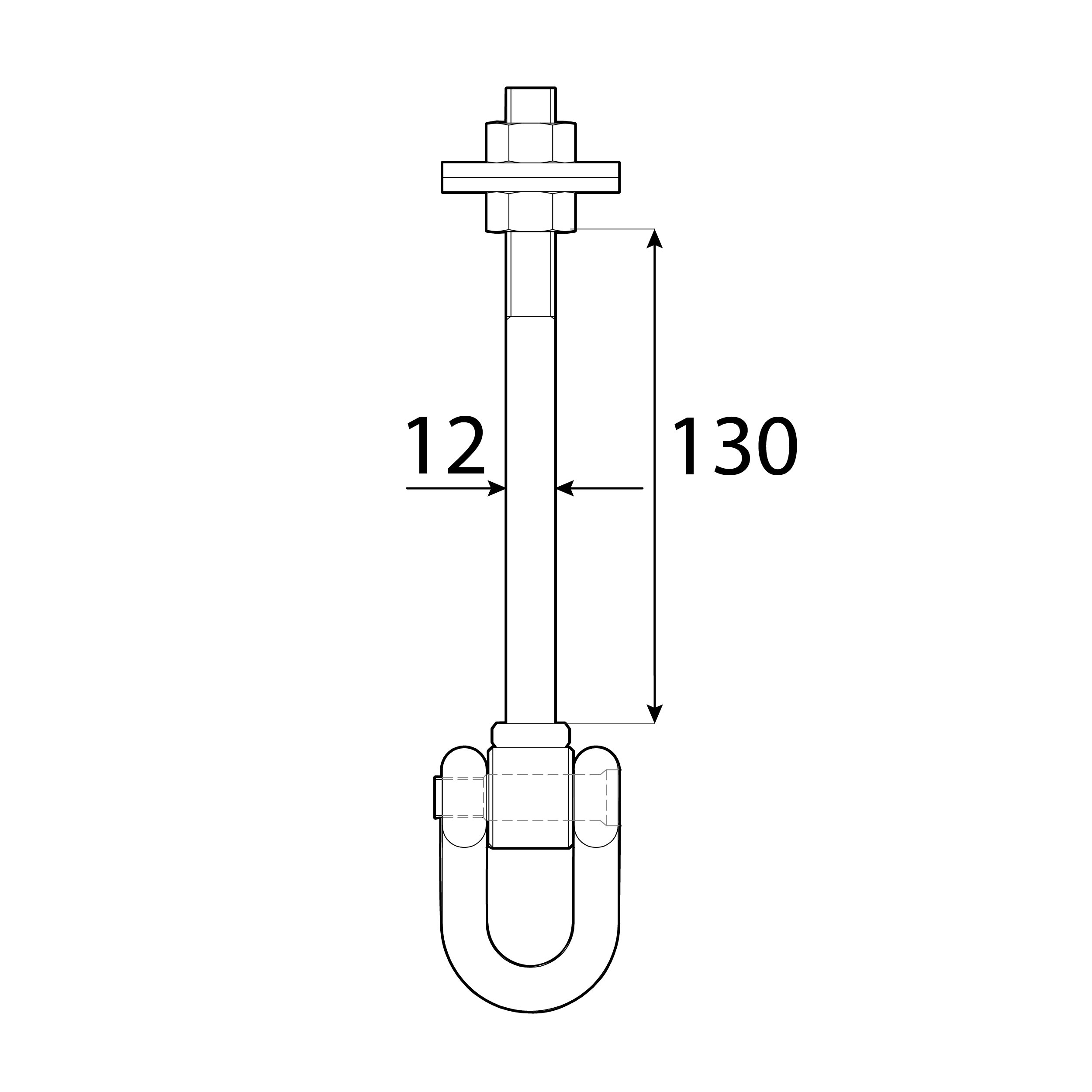 Schaukelhaken mit Lasche Typ C - MHC | 130 mm | M12 Schaukelhaken mit SchÀkel, Schlinge, Typ C MHC-Montage, 130 mm, M12, Silber, Kohlenstoffstahl, Schuss 1.