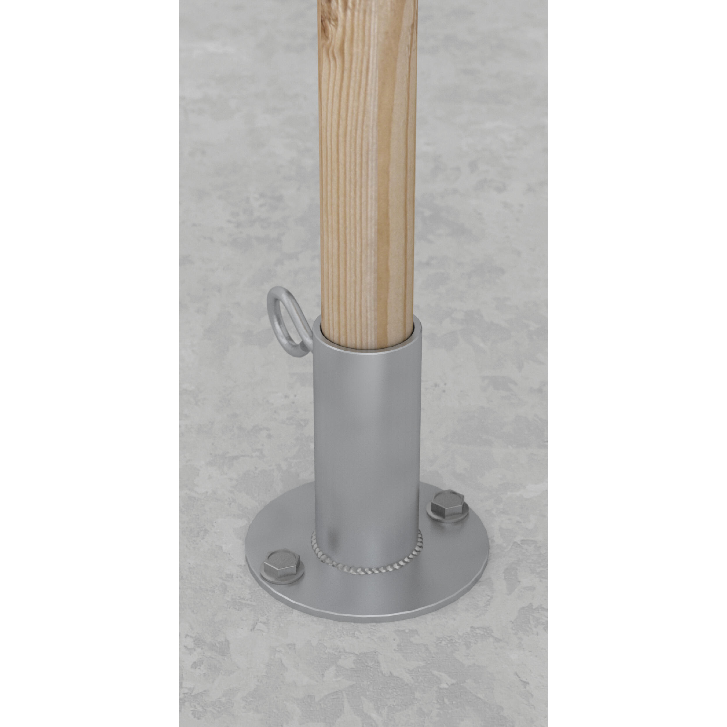 Schirmständer Stützenfuß rund Stahl mit Festschraubung - PDP | bis 38 mm | verzinkt Runder Schirmständer aus Stahl mit PDP-Befestigung, bis 38 mm, silber, 38 x 105 x 100 mm, S235-Baustahl, montagefertig.
