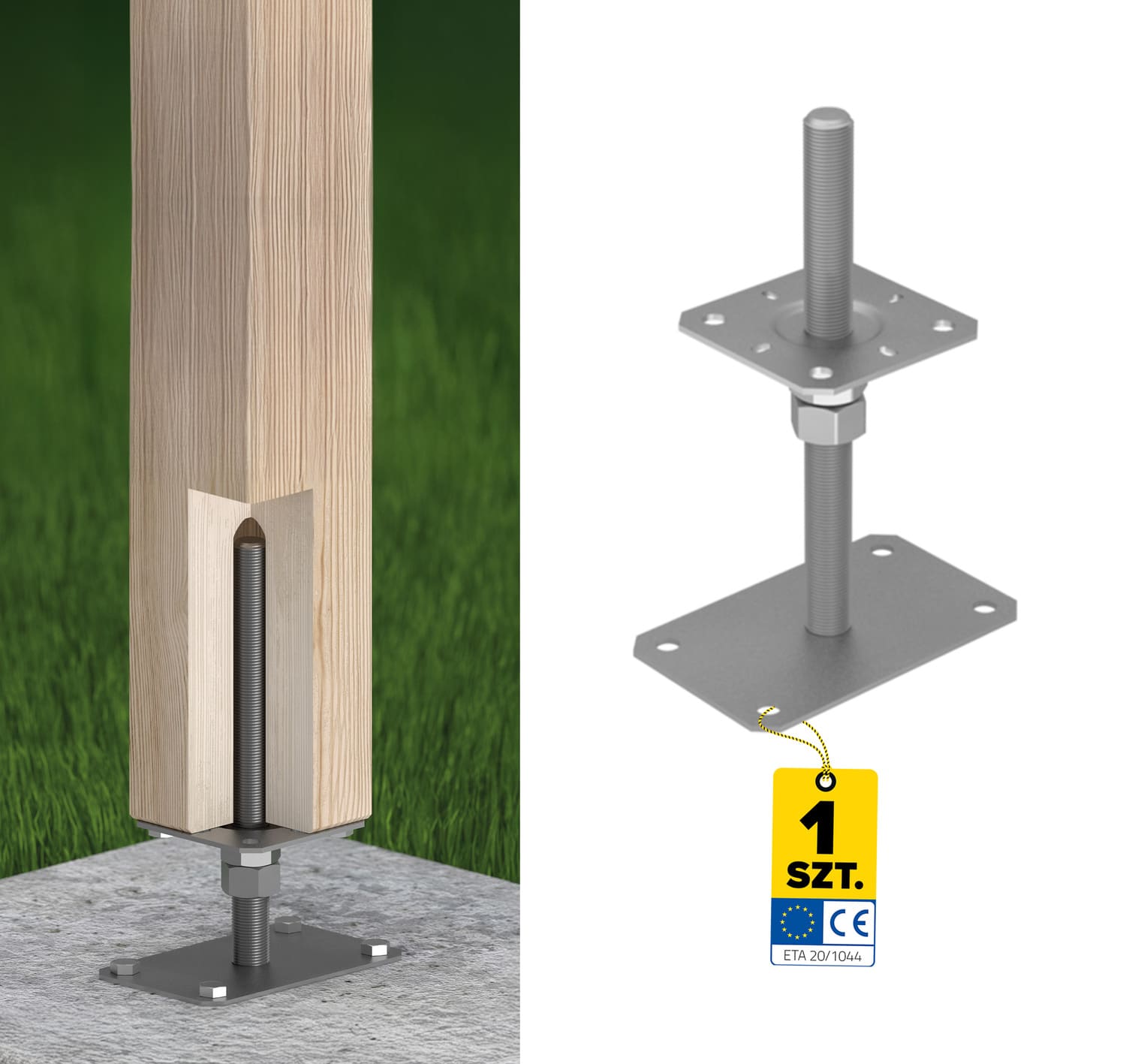 Pfostenträger verstellbar zum aufdübeln Anker mit Gewinde M20 - PSRP | 80x80 mm | 80x140 mm | verzinkt Flacher Mastfuß, höhenverstellbar, geschraubtes PSRP, 80x80 mm, 80x140 mm, M20, silber, Produktfoto.