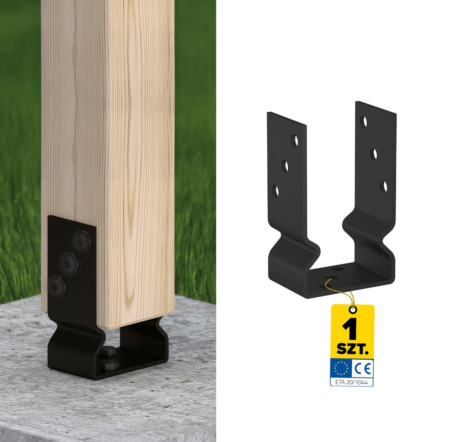 Pfostenträger zum aufdübeln U-Form Pfostenanker - PSOZ | 100 mm | Schwarz Säulenfuß-Schraubanker auf Beton Typ U mit PSOZ-Versatz, 100 mm, schwarz, 101x150x60x4,0 mm, Produktfoto.